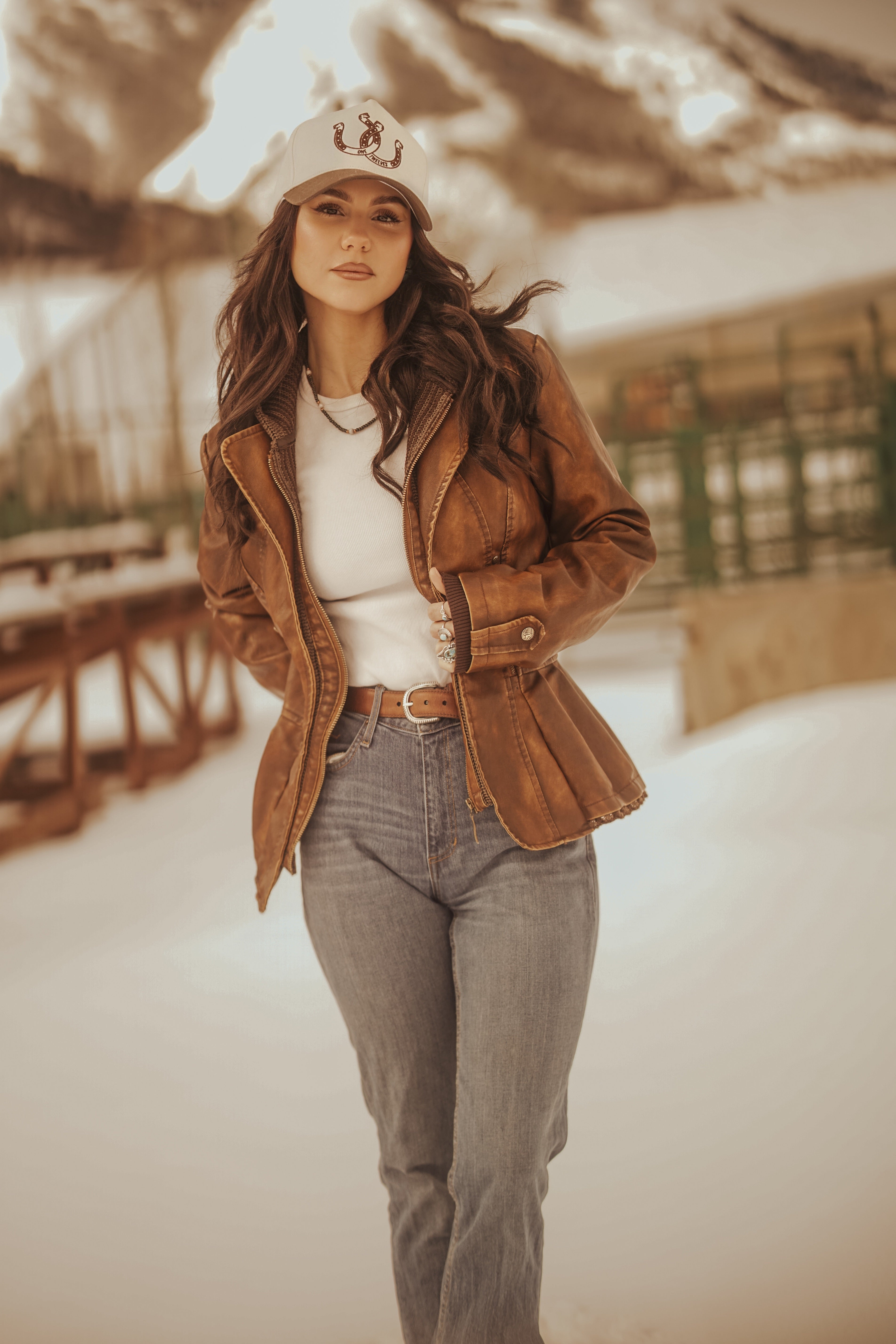 Ladies Poly Faux Leather Fahion Jacket - With Plate and Knit Trims and Hood