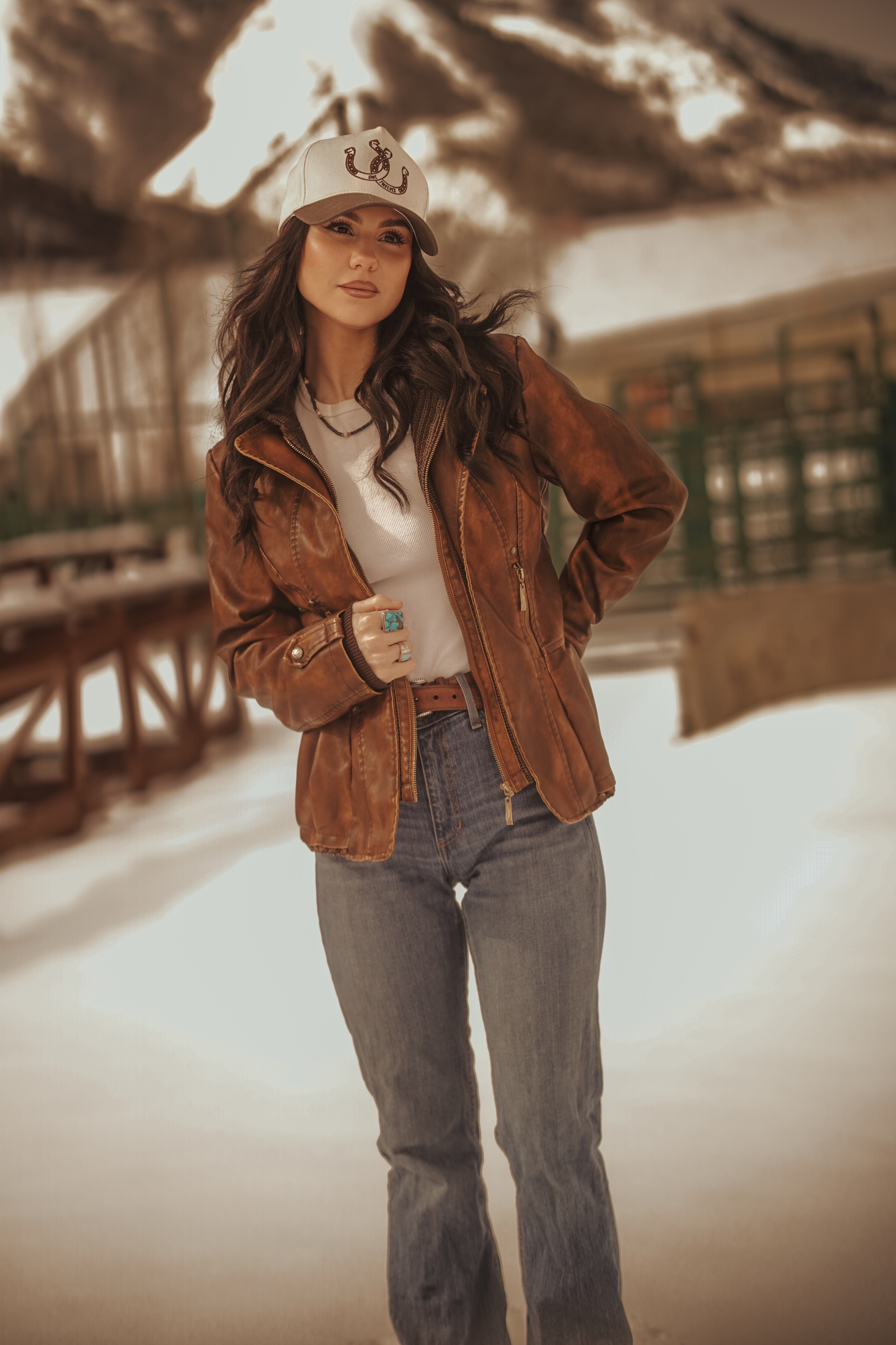 Ladies Poly Faux Leather Fahion Jacket - With Plate and Knit Trims and Hood