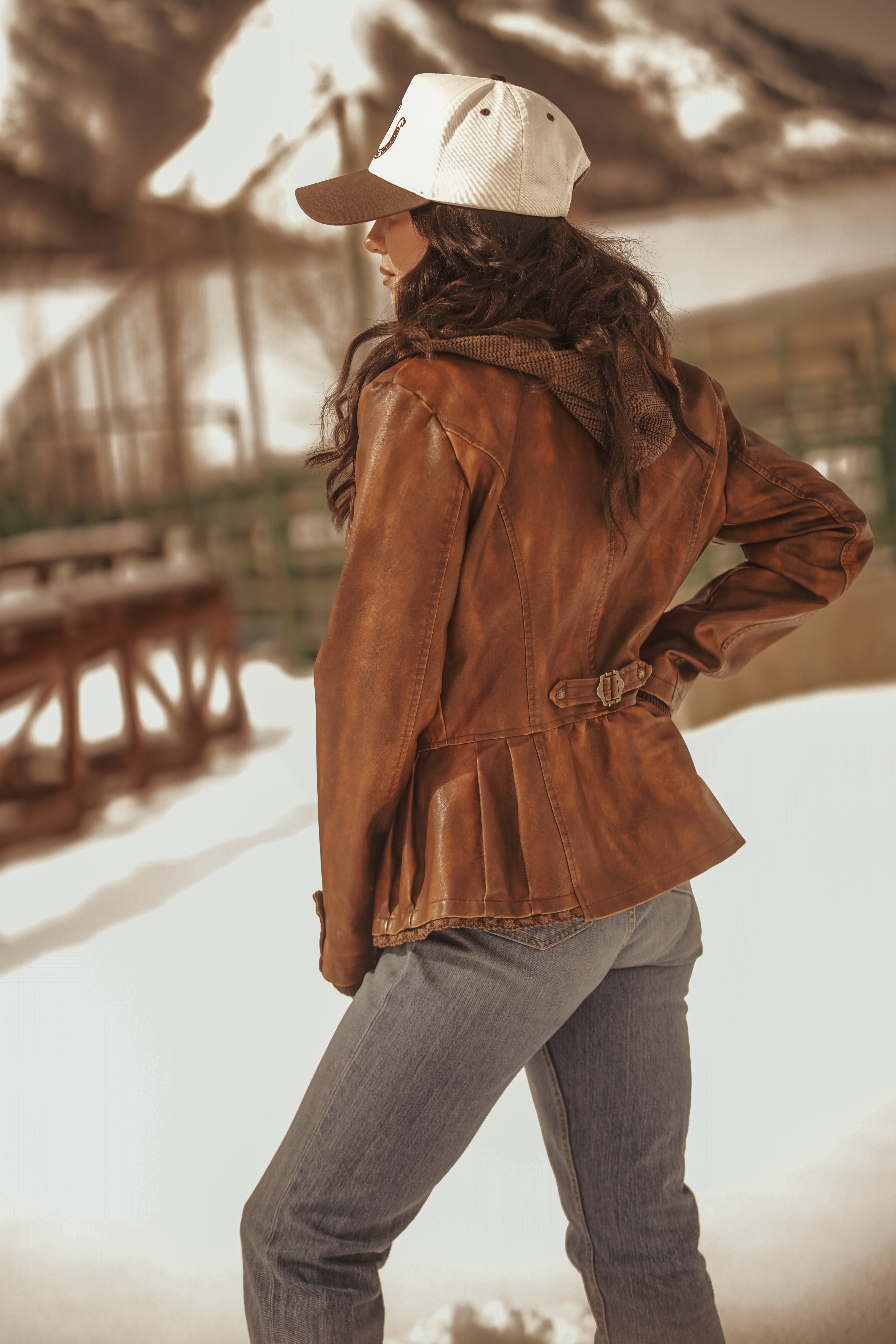 Ladies Poly Faux Leather Fahion Jacket - With Plate and Knit Trims and Hood