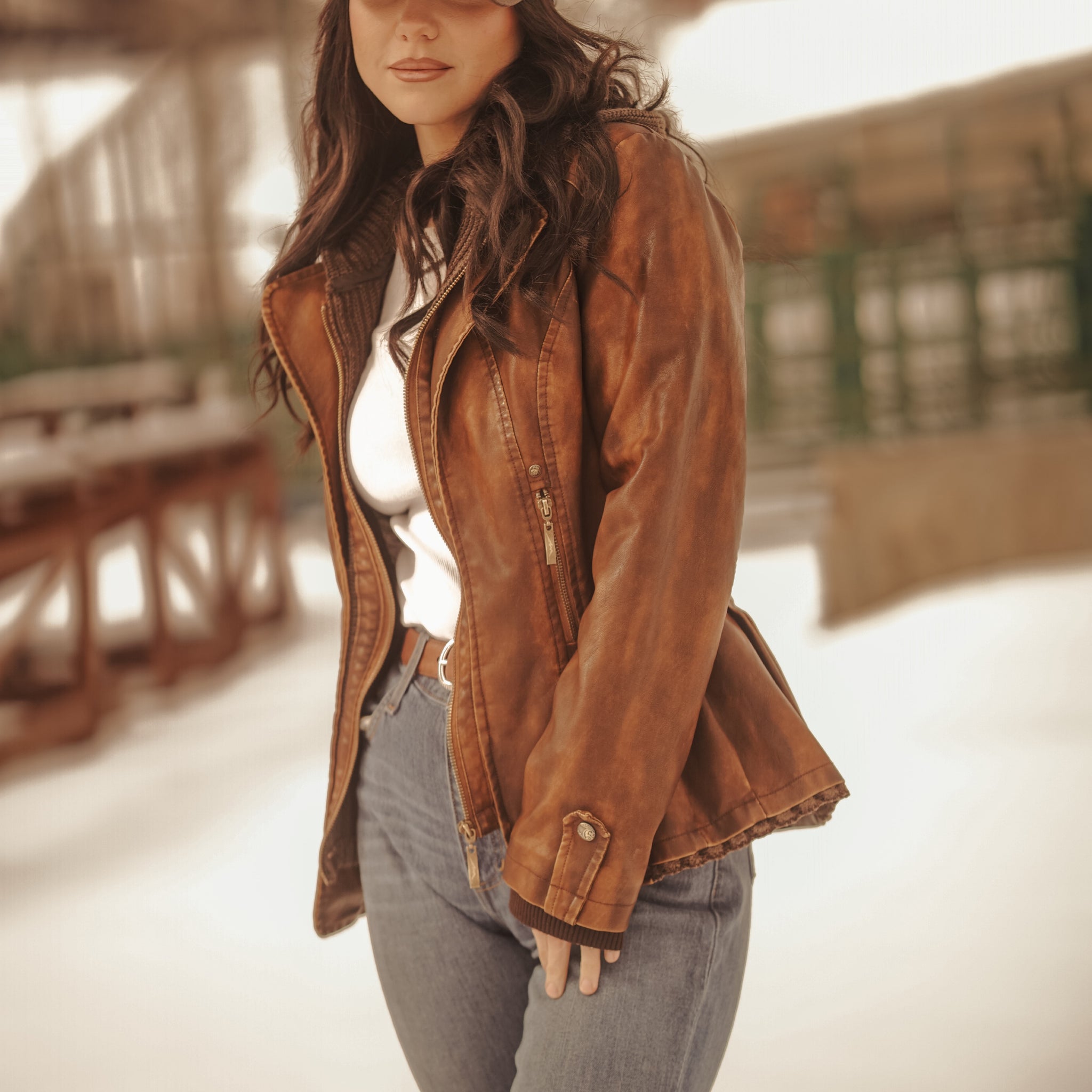 Ladies Poly Faux Leather Fahion Jacket - With Plate and Knit Trims and Hood