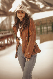 Ladies Poly Faux Leather Fahion Jacket - With Plate and Knit Trims and Hood