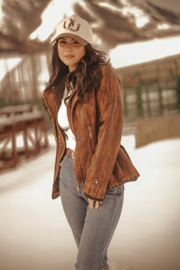 Ladies Poly Faux Leather Fahion Jacket - With Plate and Knit Trims and Hood