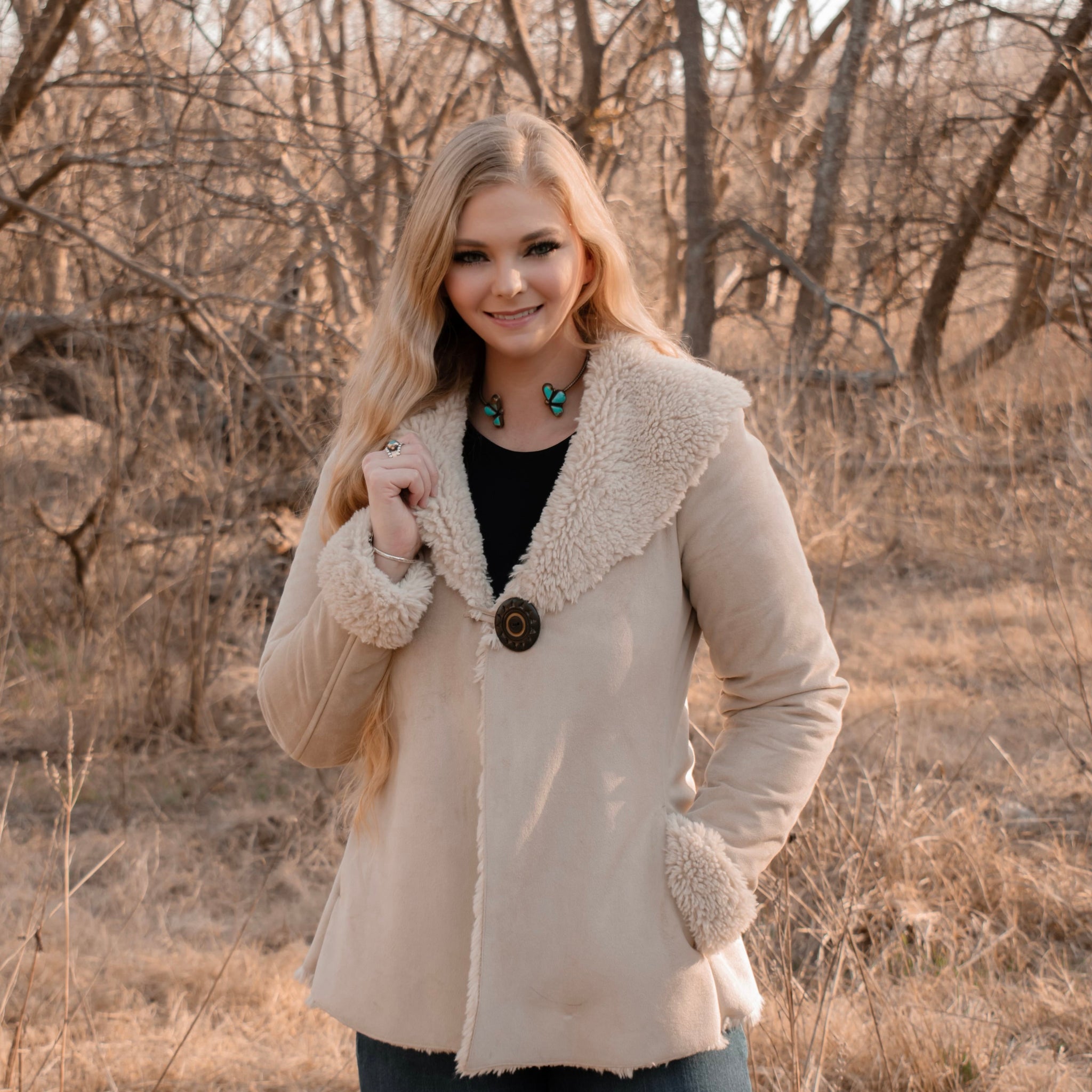 Ladies Fashion Poly Faux Suede Jacket with Poly Faux Fur Collar and Lining