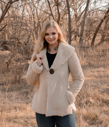 Ladies Fashion Poly Faux Suede Jacket with Poly Faux Fur Collar and Lining