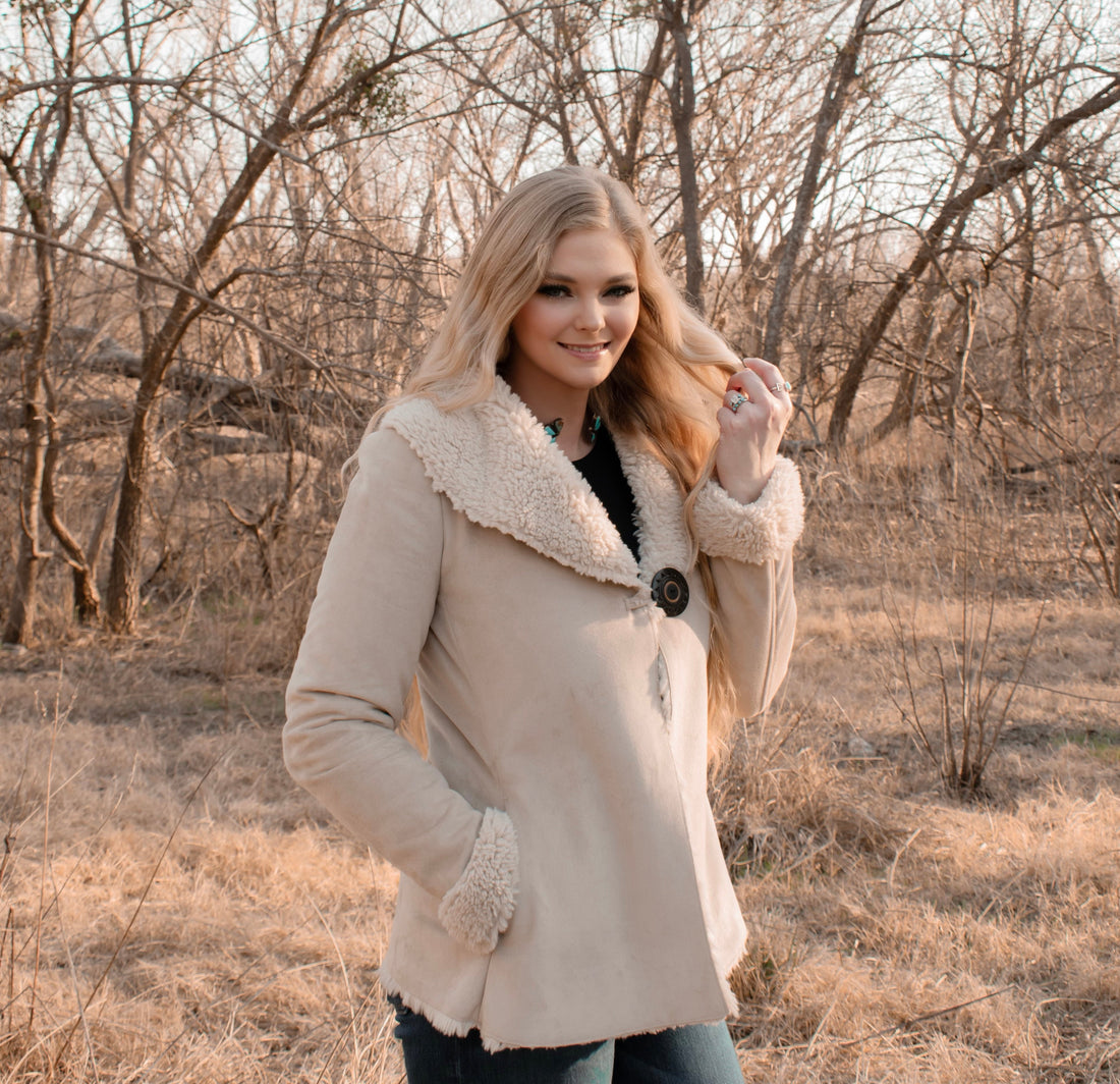 Ladies Fashion Poly Faux Suede Jacket with Poly Faux Fur Collar and Lining
