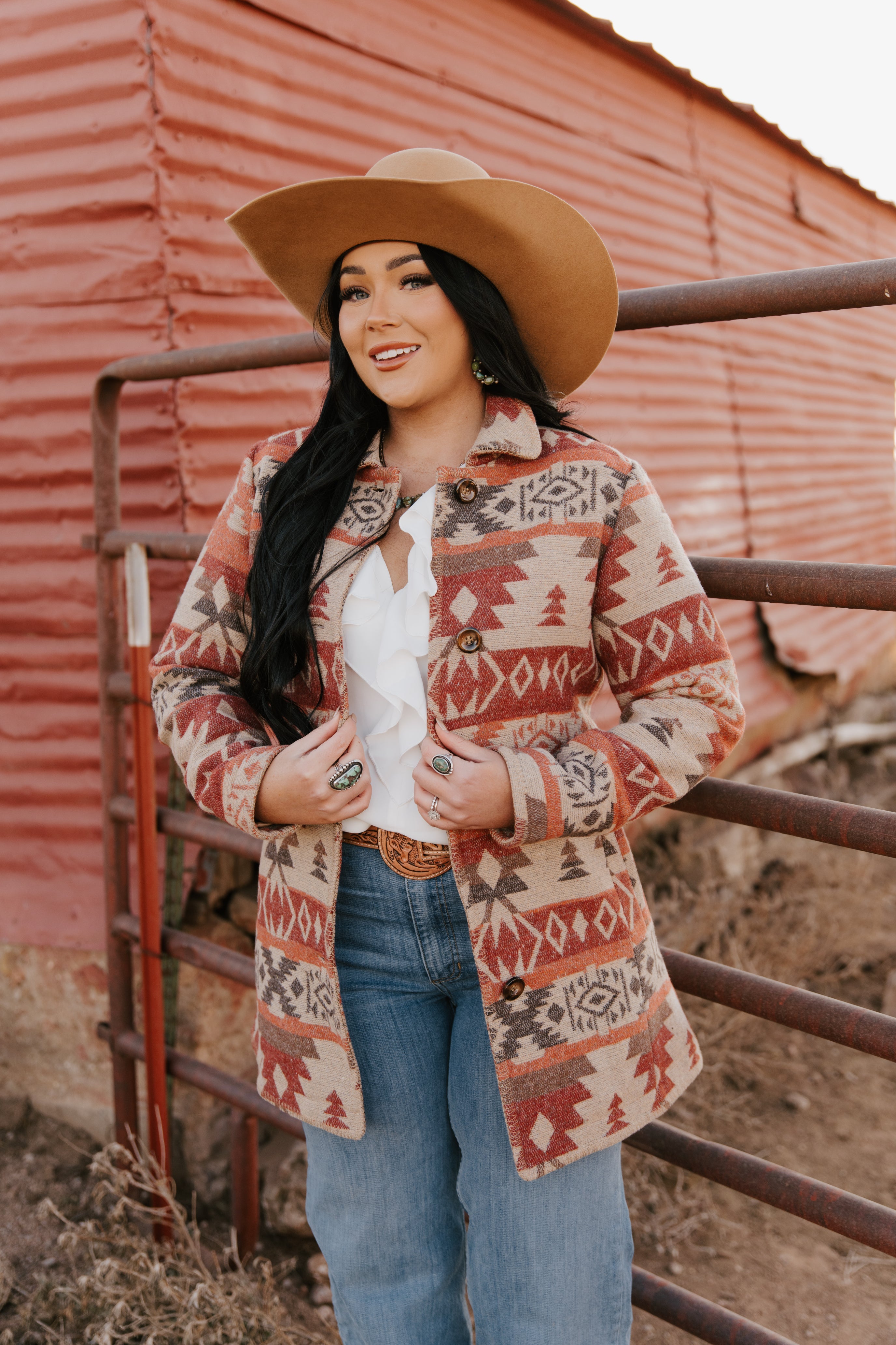 Ladies Long Aztec Coat Blanket Stitching All Around Front Placket and Collar