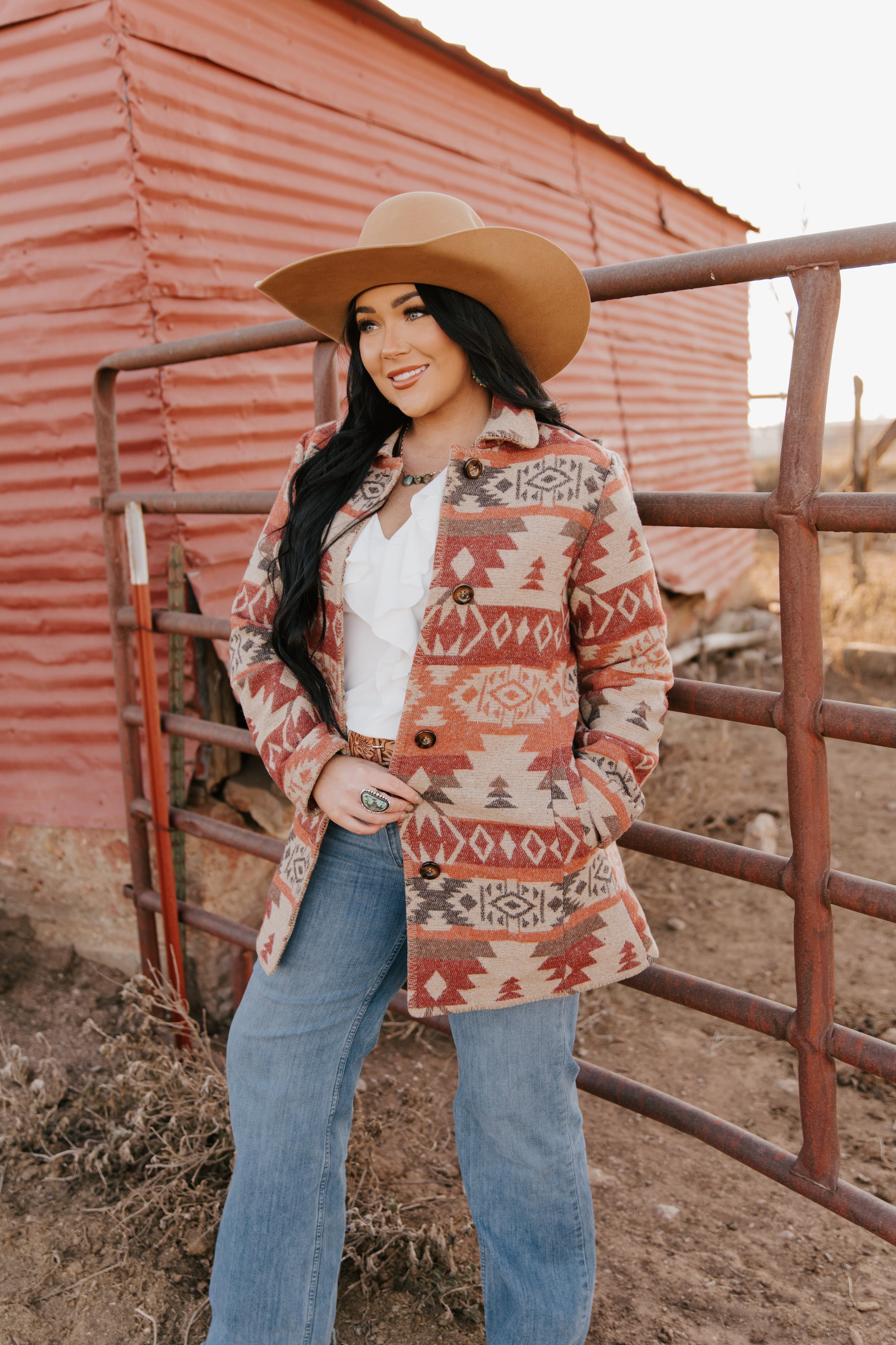 Ladies Long Aztec Coat Blanket Stitching All Around Front Placket and Collar