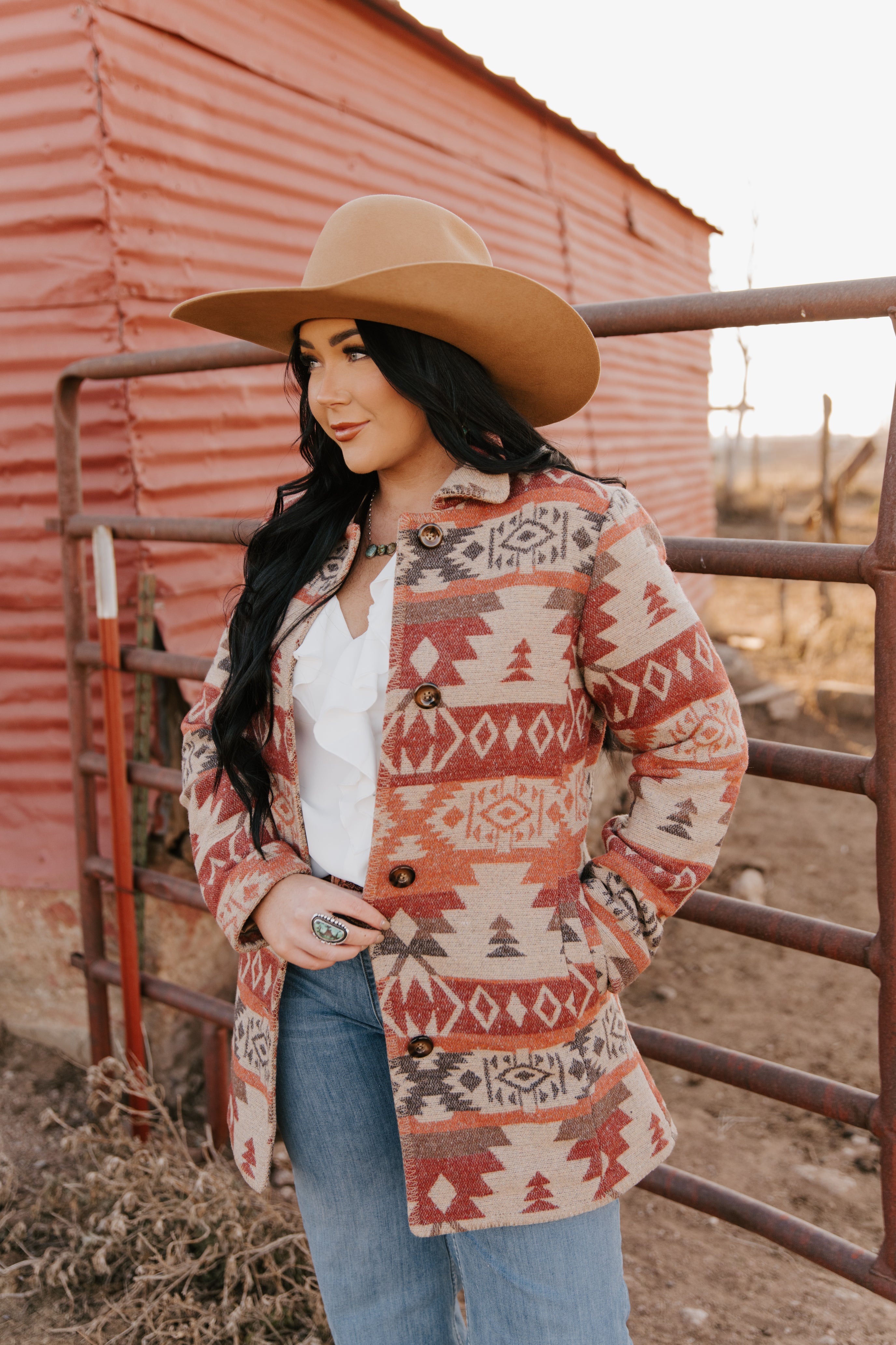 Ladies Long Aztec Coat Blanket Stitching All Around Front Placket and Collar