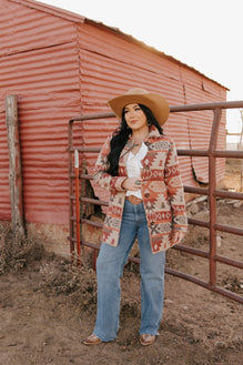 Ladies Long Aztec Coat Blanket Stitching All Around Front Placket and Collar