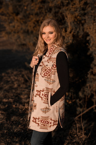 Ladies Long Aztec Print Vest with Stud Work on Collar and Pockets
