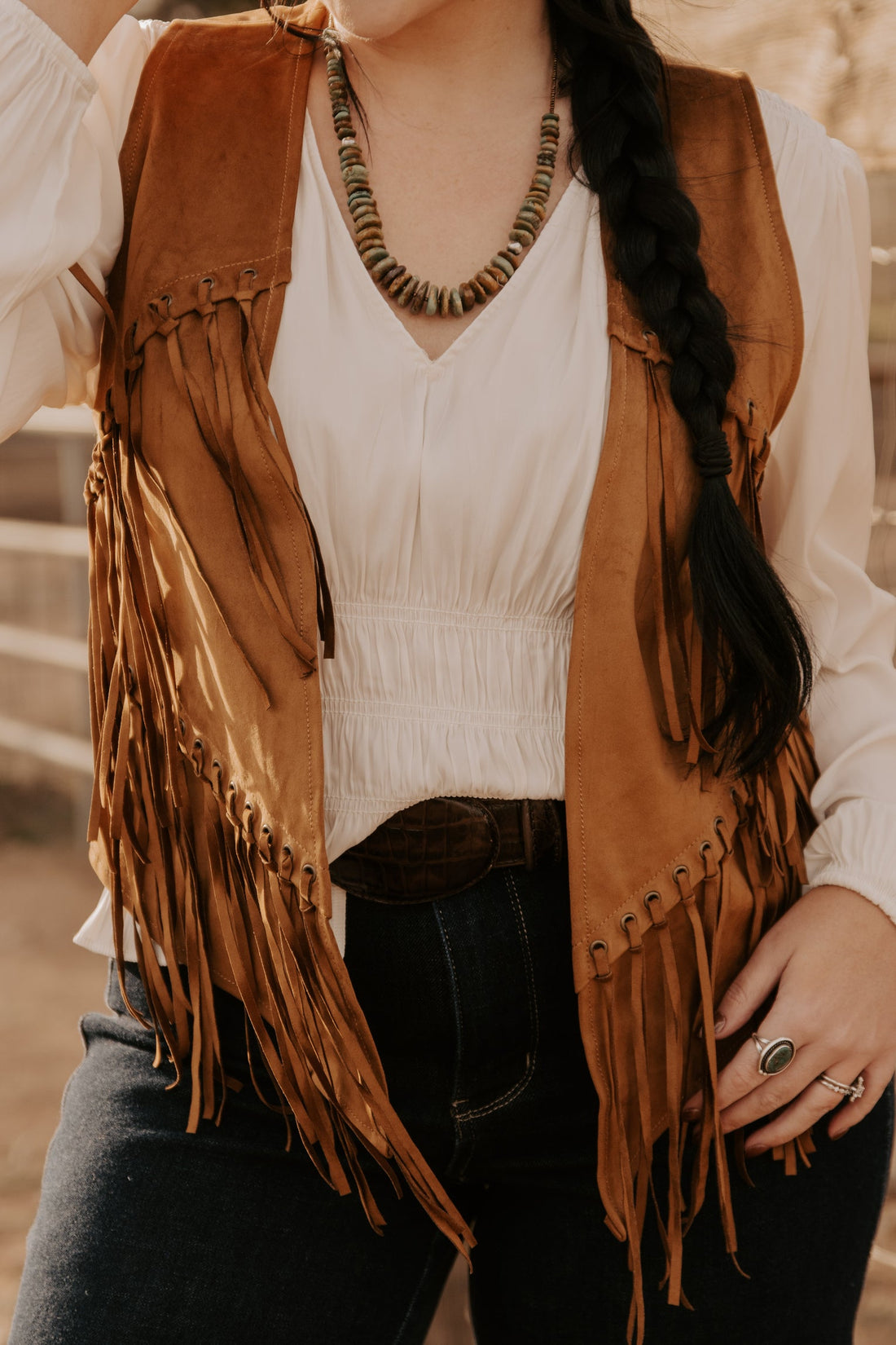 Ladies Long Aztec Print Vest with Stud Work on Collar and Pockets.L-25303