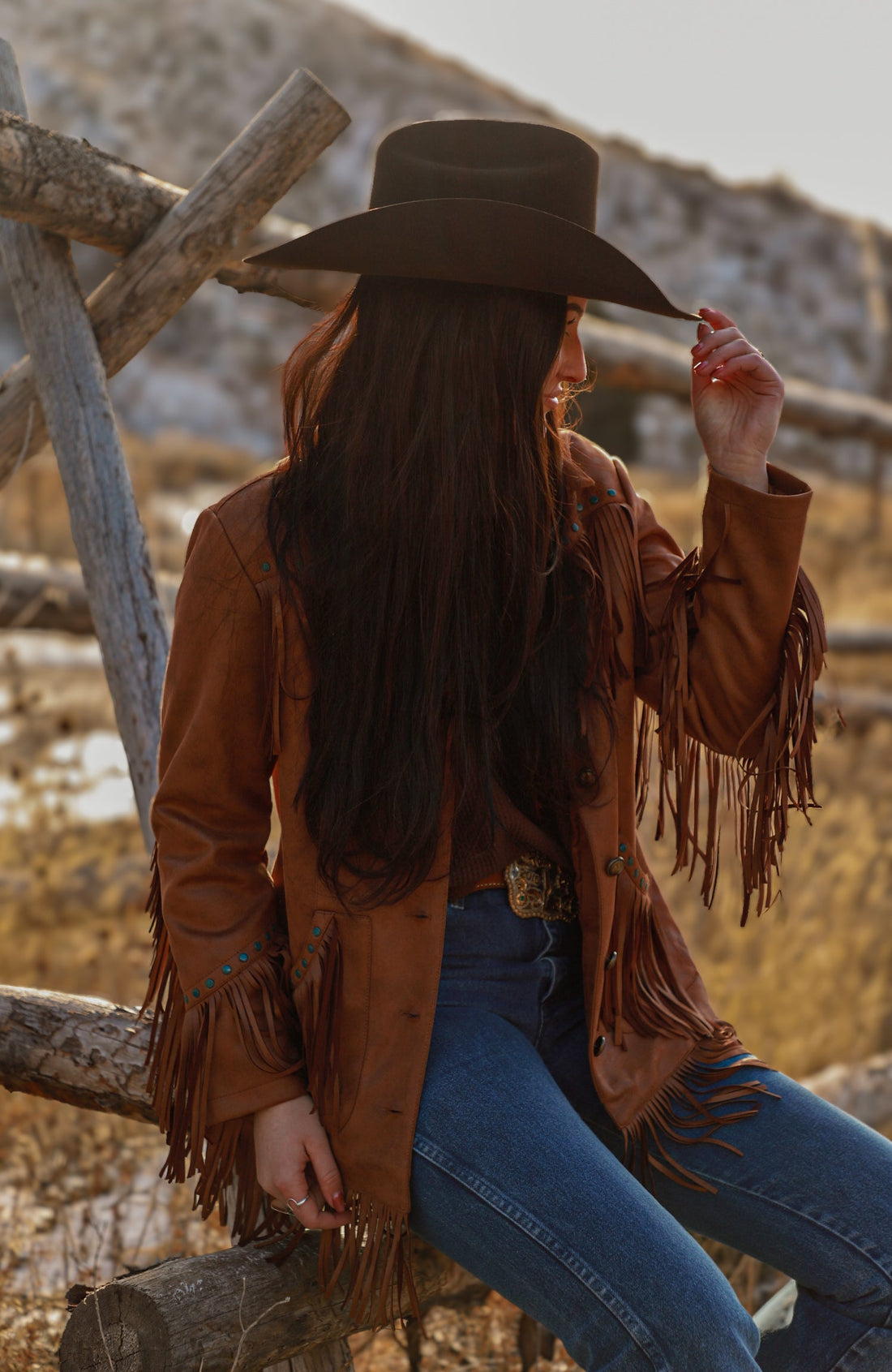 Ladies Faux Suede Jacket with Fring/Studs Work