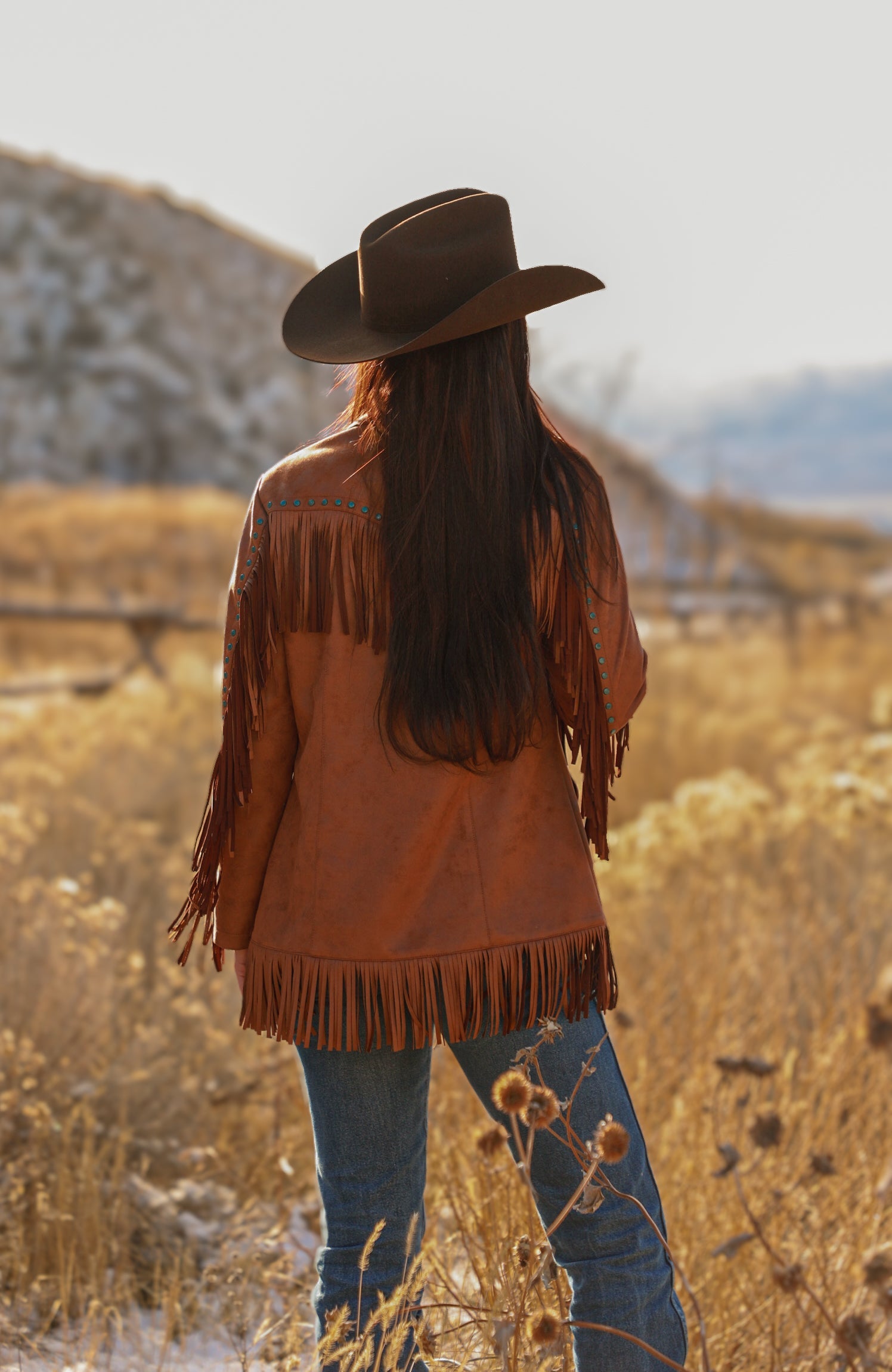 Ladies Faux Suede Jacket with Fring/Studs Work