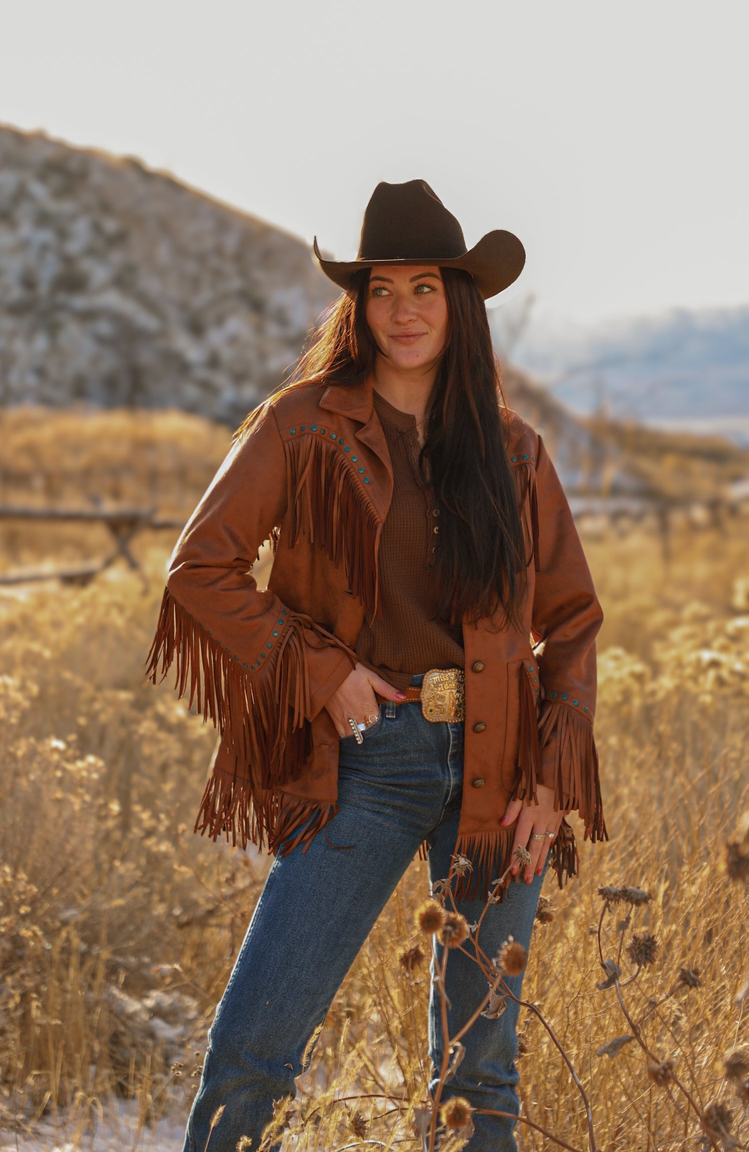Ladies Faux Suede Jacket with Fring/Studs Work