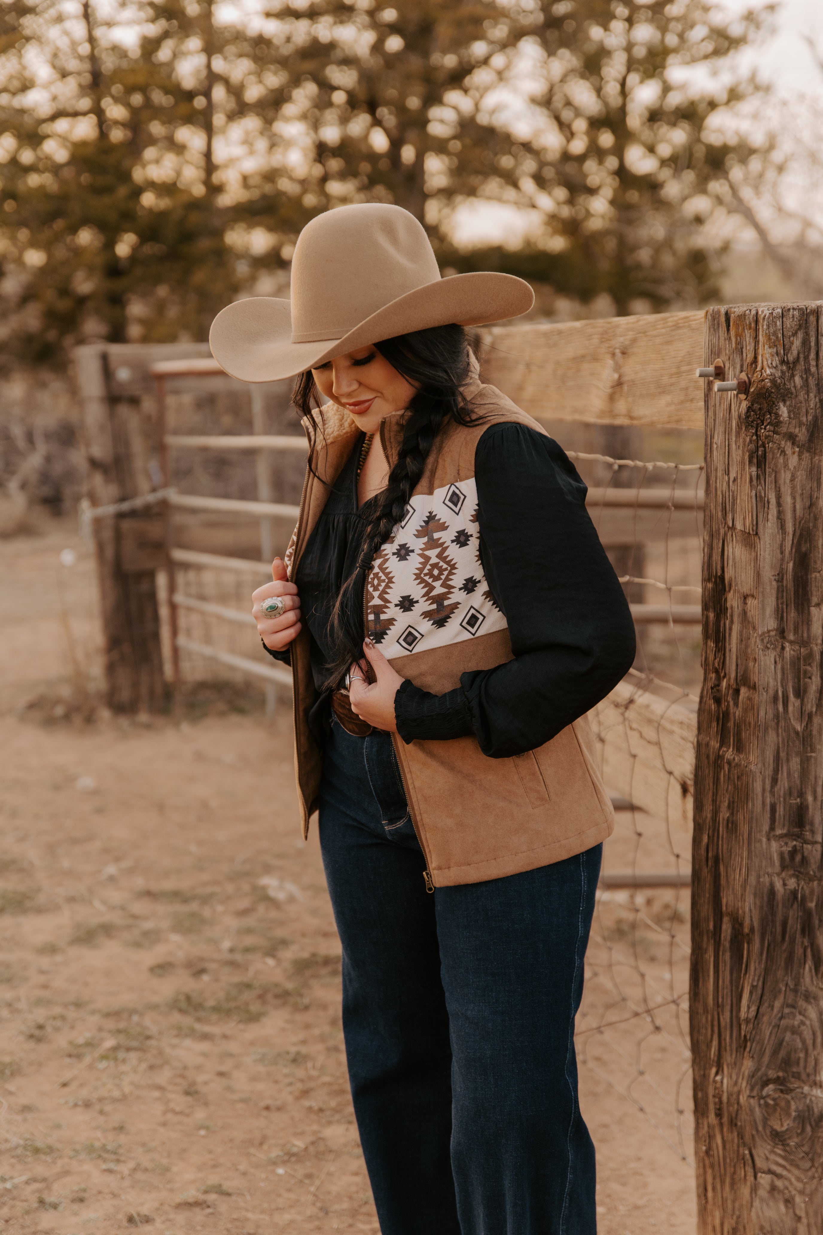 Ladies poly Faux Suede Vest with Aztec Prints