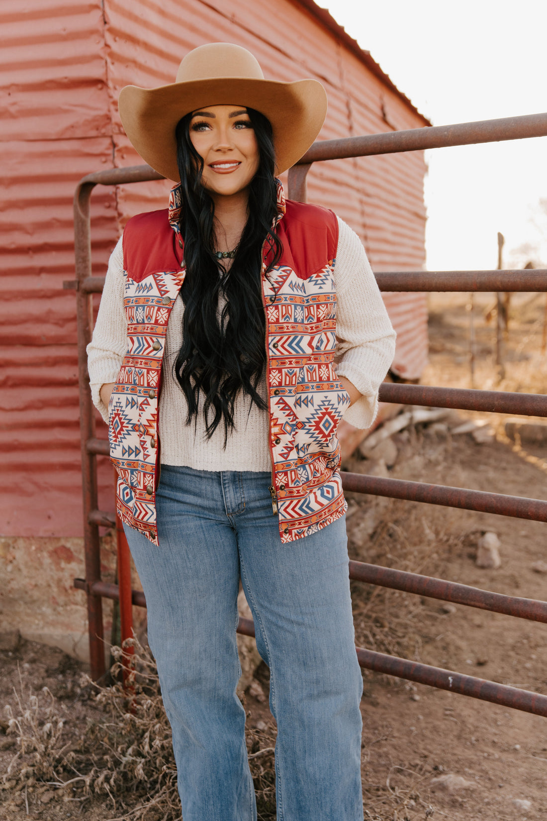 Ladies Poly Fill Vest in Two Tone Aztec Color Combinations - With Western Yokes