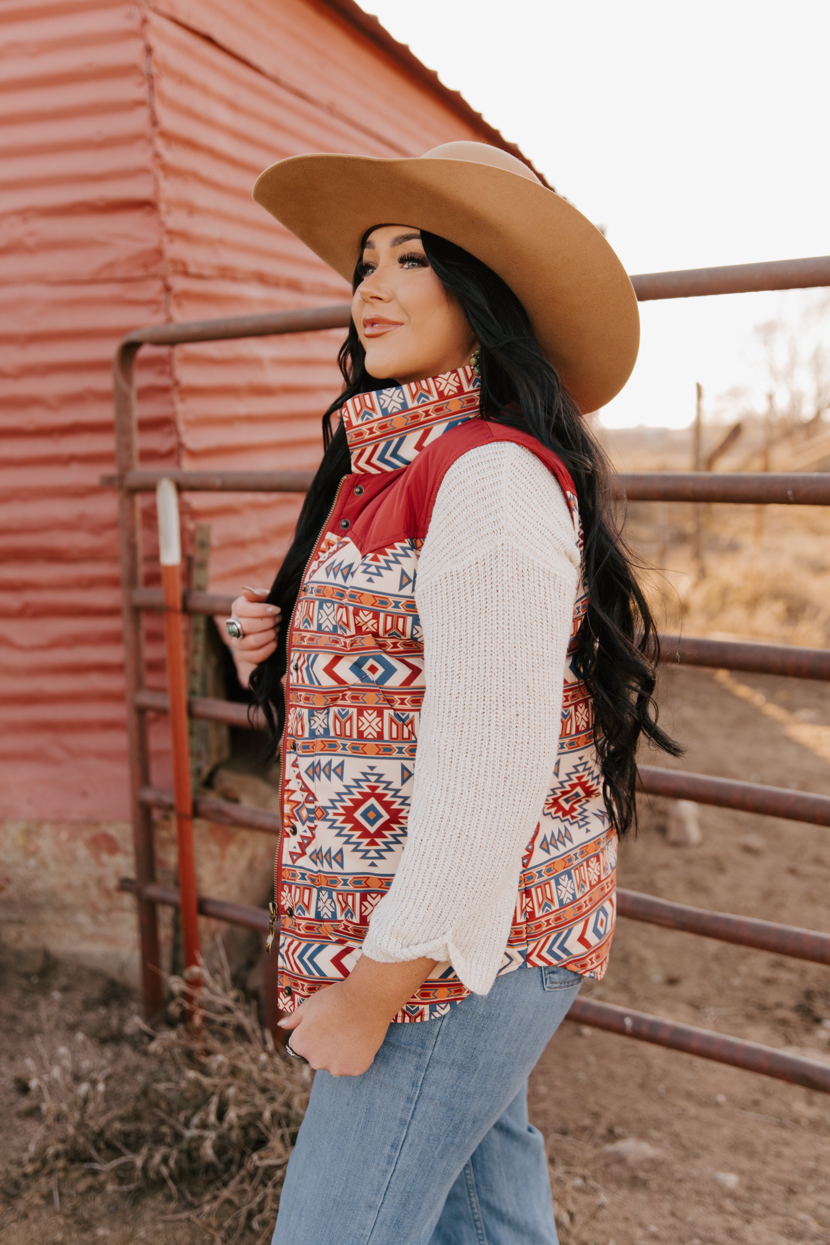 Ladies Poly Fill Vest in Two Tone Aztec Color Combinations - With Western Yokes