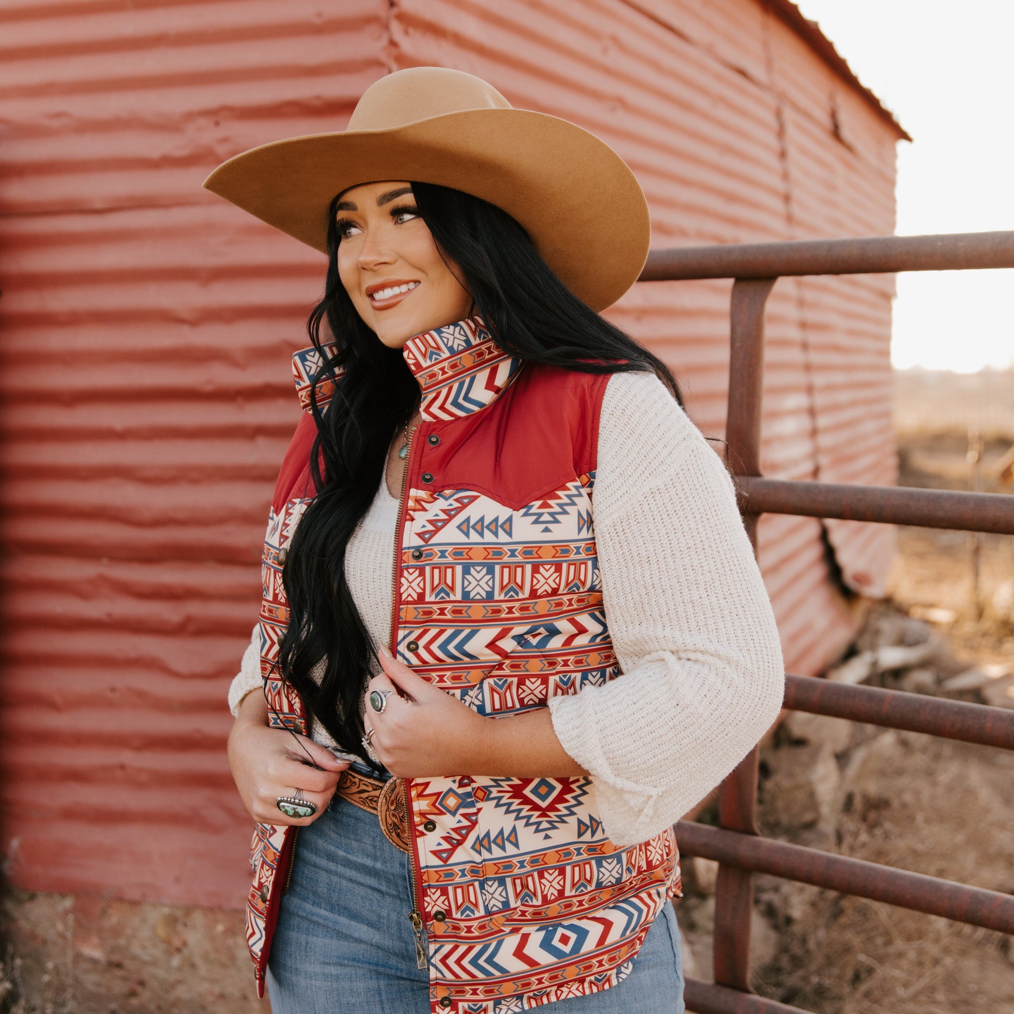 Ladies Poly Fill Vest in Two Tone Aztec Color Combinations - With Western Yokes