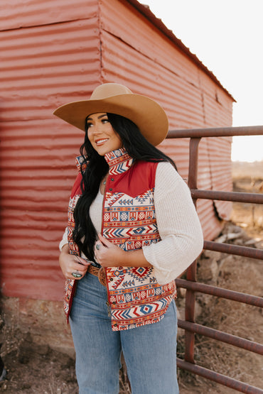 Ladies Poly Fill Vest in Two Tone Aztec Color Combinations - With Western Yokes