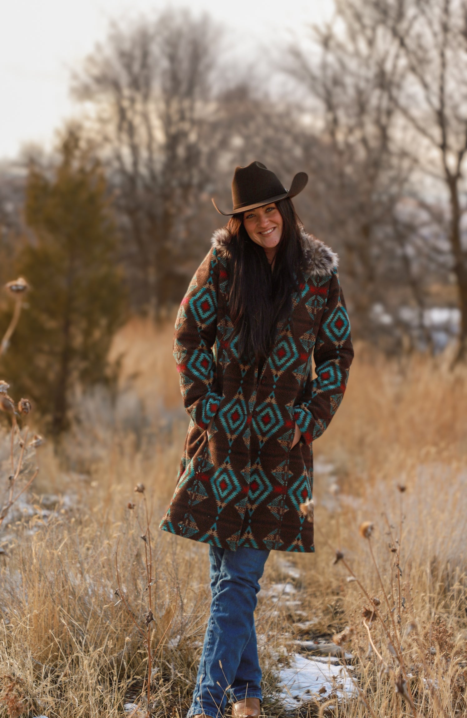 Ladies Long Aztec Jacket/Coat with Removable Fur Collar