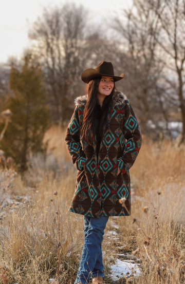 Ladies Long Aztec Jacket/Coat with Removable Fur Collar
