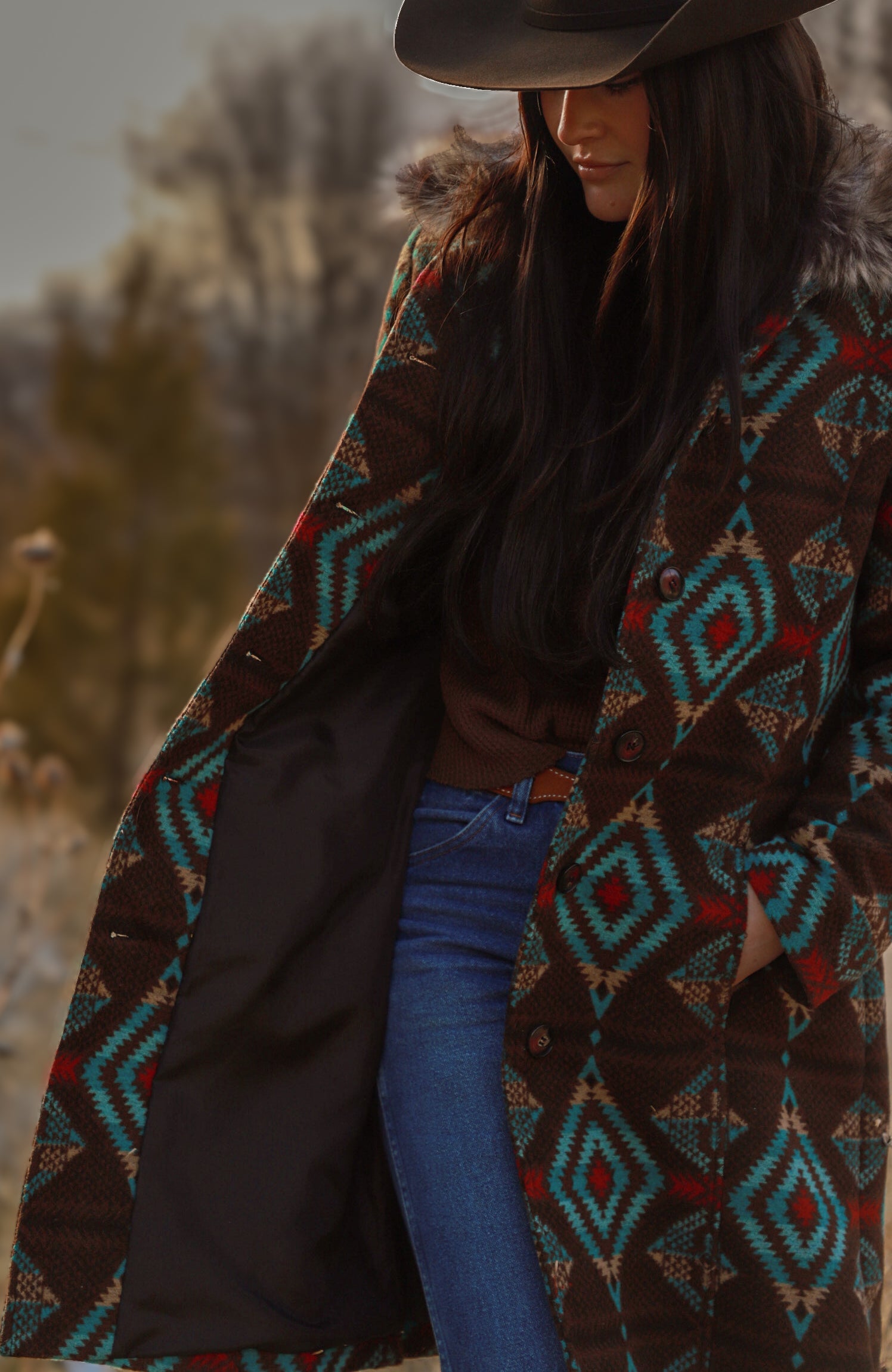 Ladies Long Aztec Jacket/Coat with Removable Fur Collar