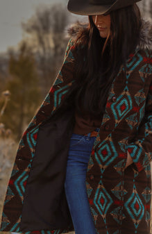 Ladies Long Aztec Jacket/Coat with Removable Fur Collar