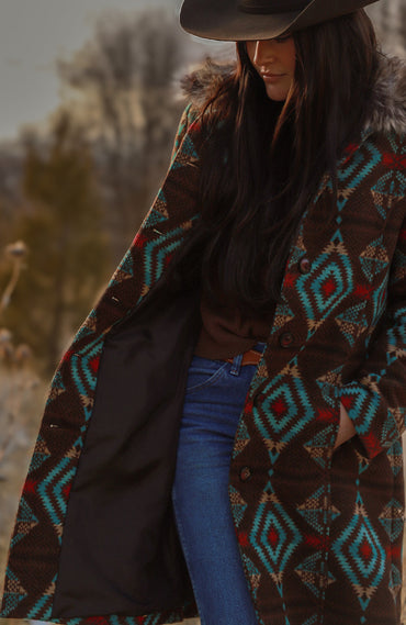 Ladies Long Aztec Jacket/Coat with Removable Fur Collar