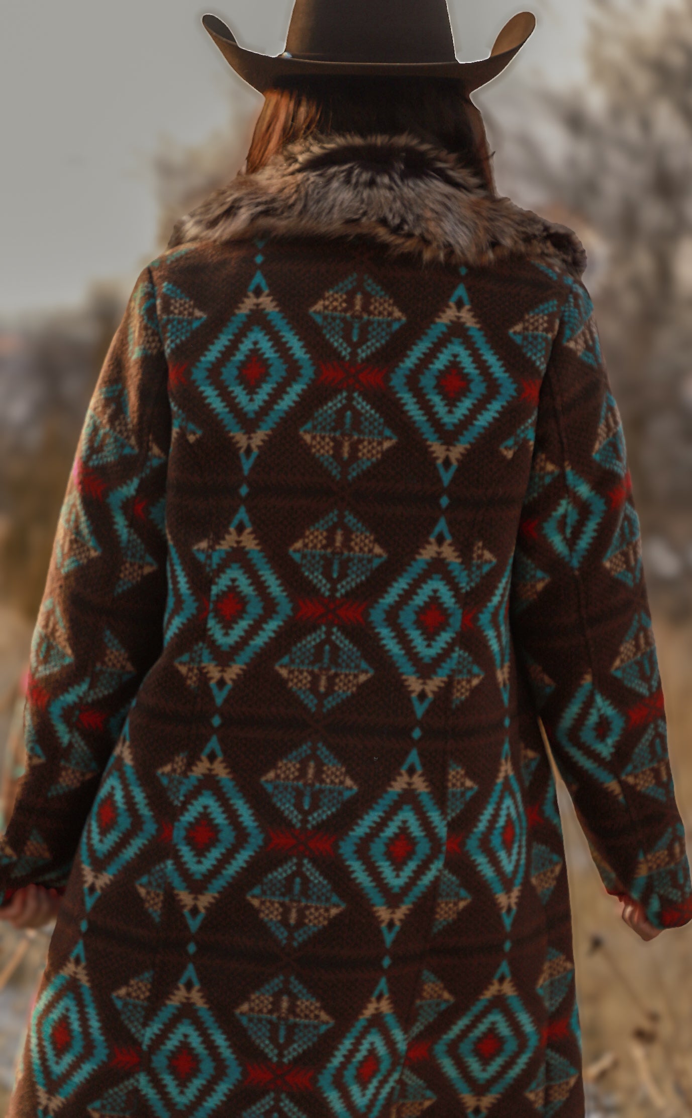 Ladies Long Aztec Jacket/Coat with Removable Fur Collar