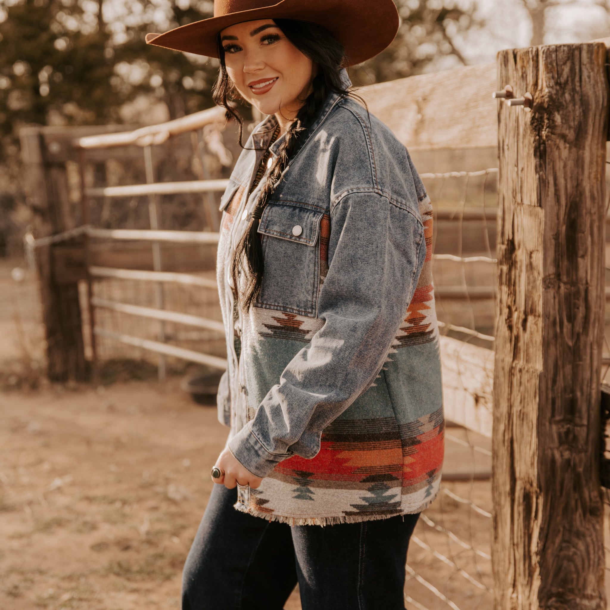 Ladies Denim with Aztec Fashion Long Jacket