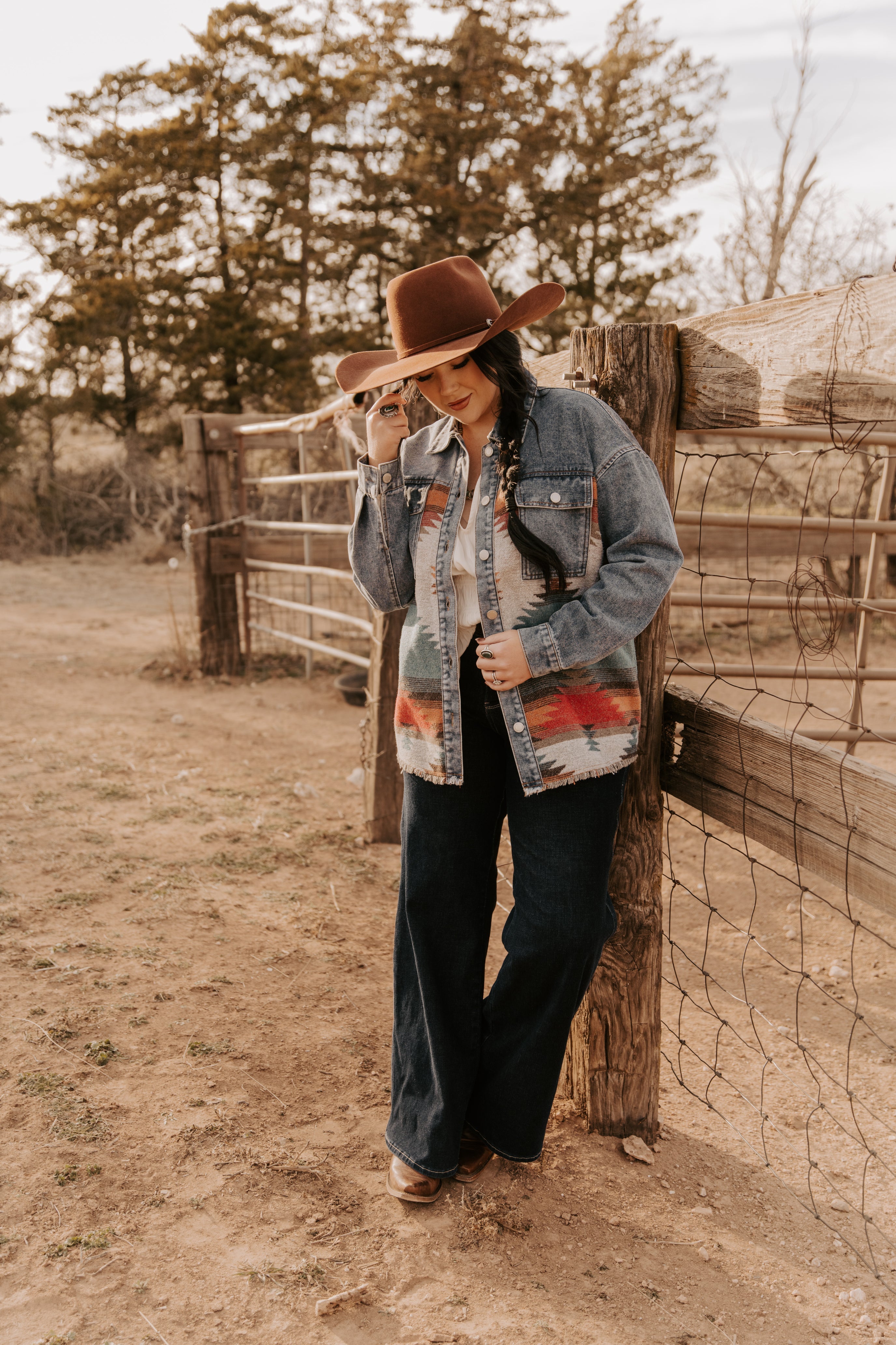 Ladies Denim with Aztec Fashion Long Jacket