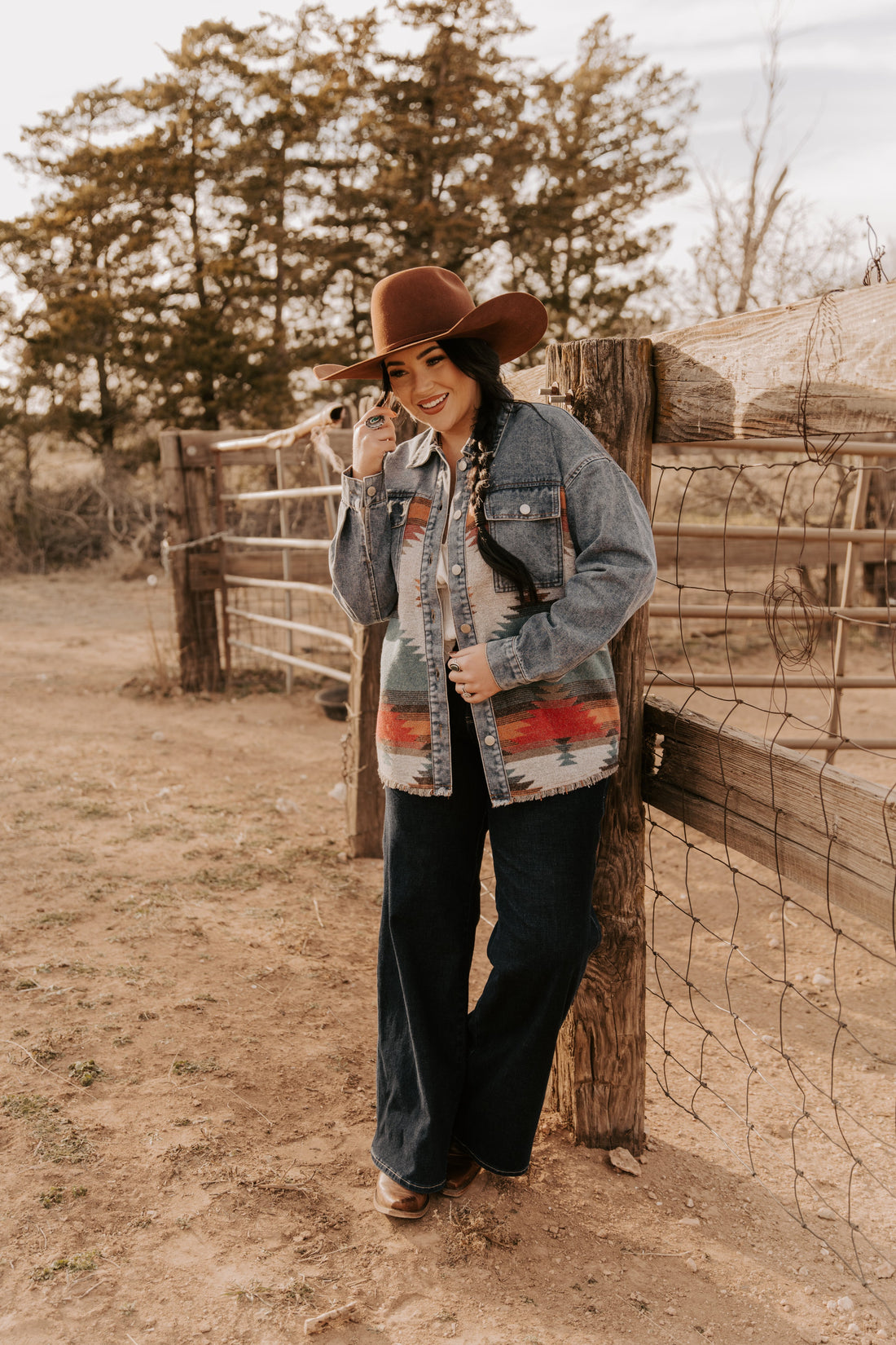 Ladies Denim with Aztec Fashion Long Jacket