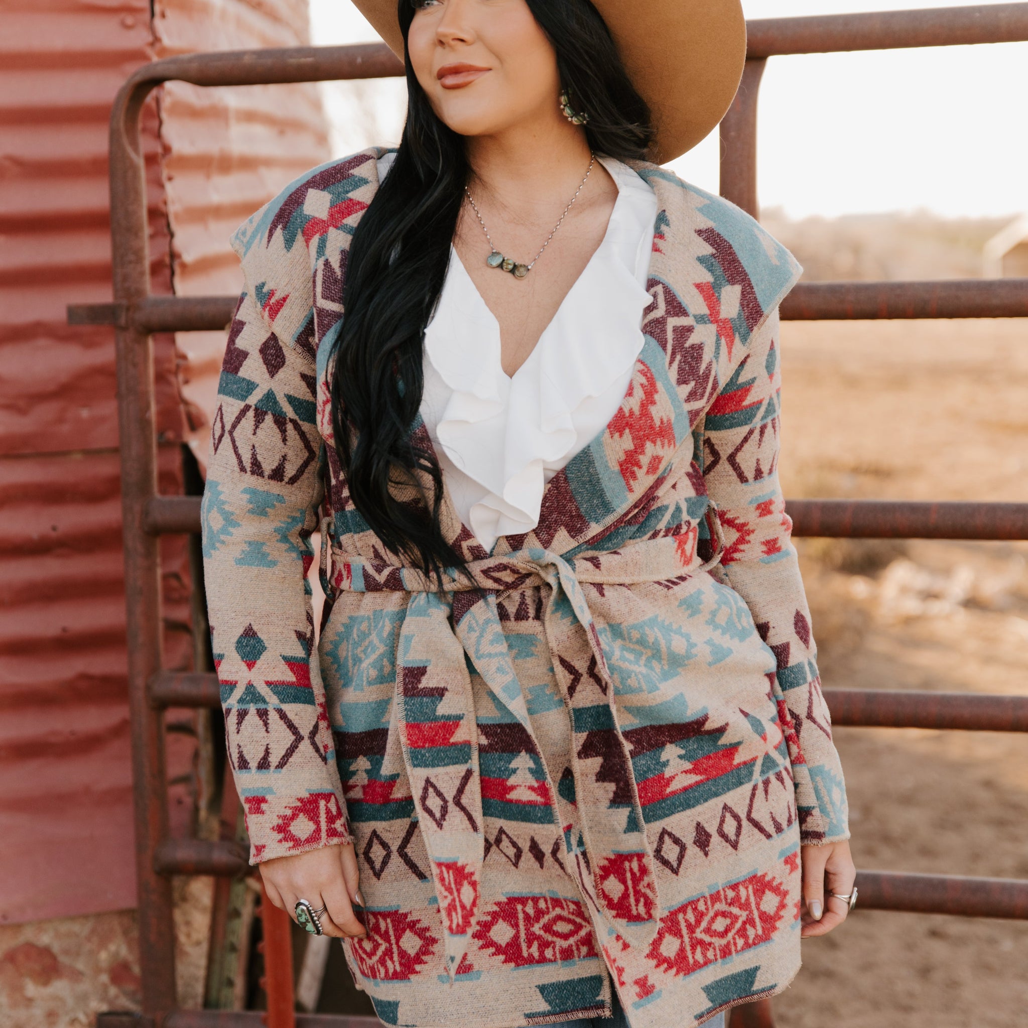 LADIES LONG AZTEC WESTERN OPEN COAT WITH HOOD