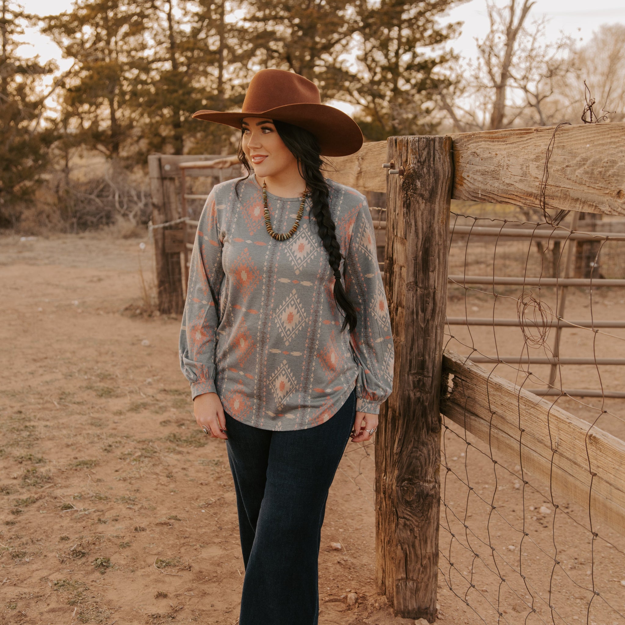 Ladies Aztec Knit Top with Bell/Fashion Sleeves