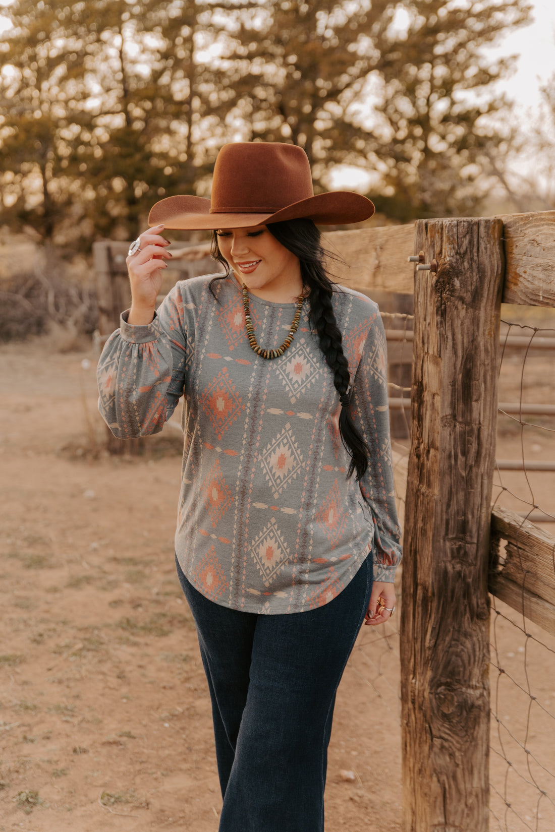 Ladies Aztec Knit Top with Bell/Fashion Sleeves