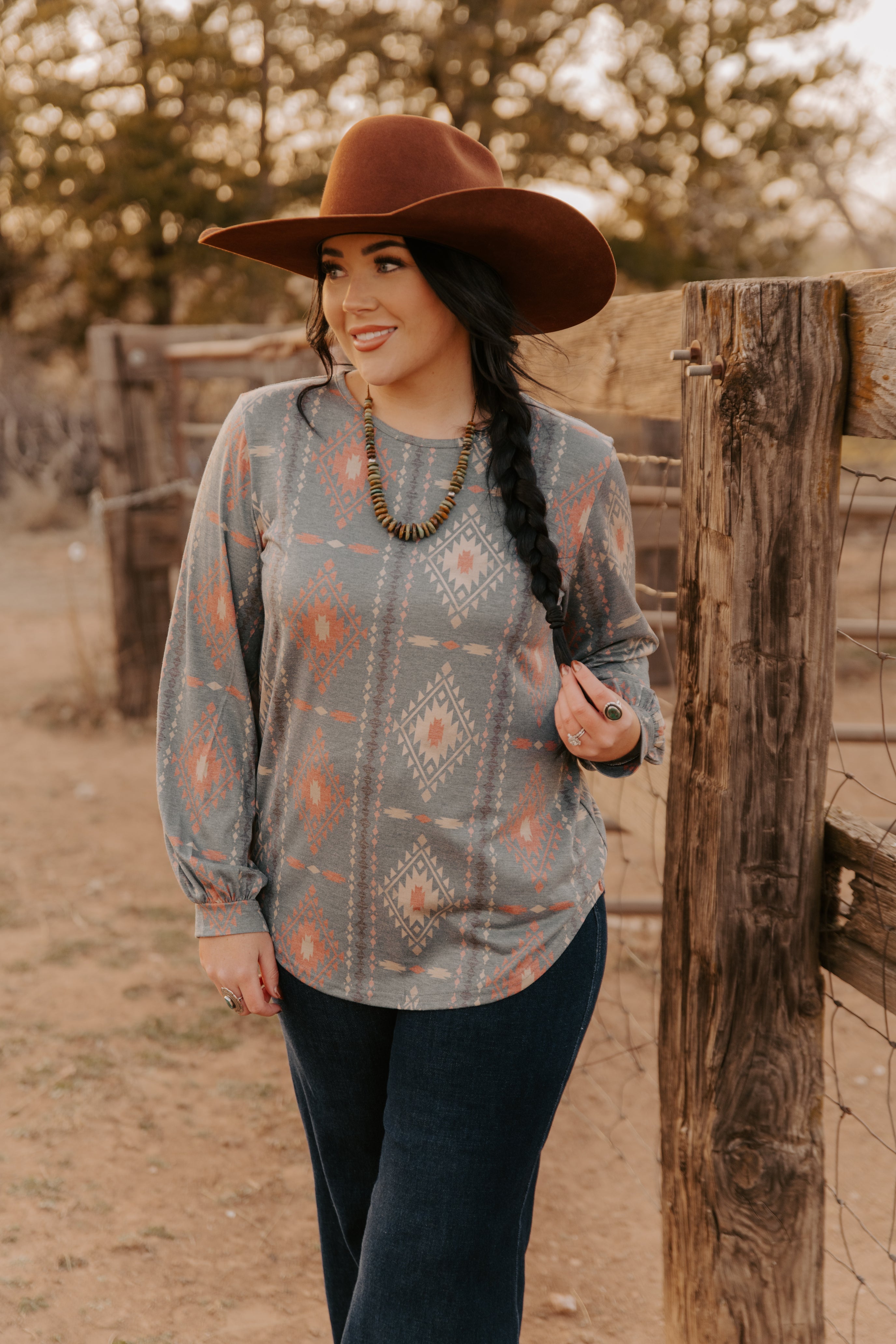 Ladies Aztec Knit Top with Bell/Fashion Sleeves