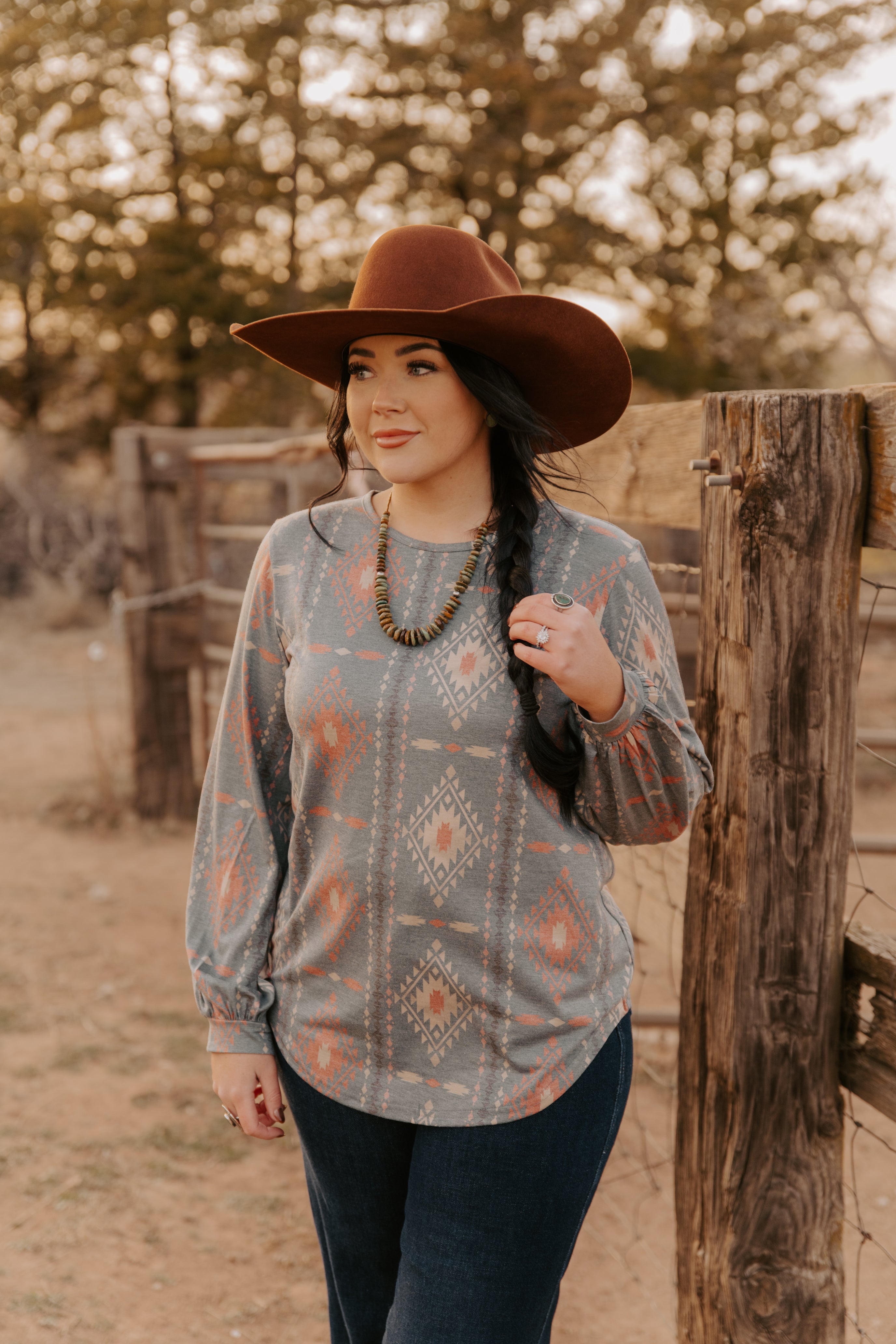 Ladies Aztec Knit Top with Bell/Fashion Sleeves