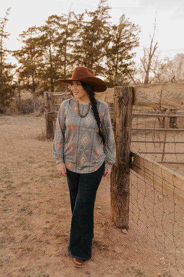 Ladies Aztec Knit Top with Bell/Fashion Sleeves