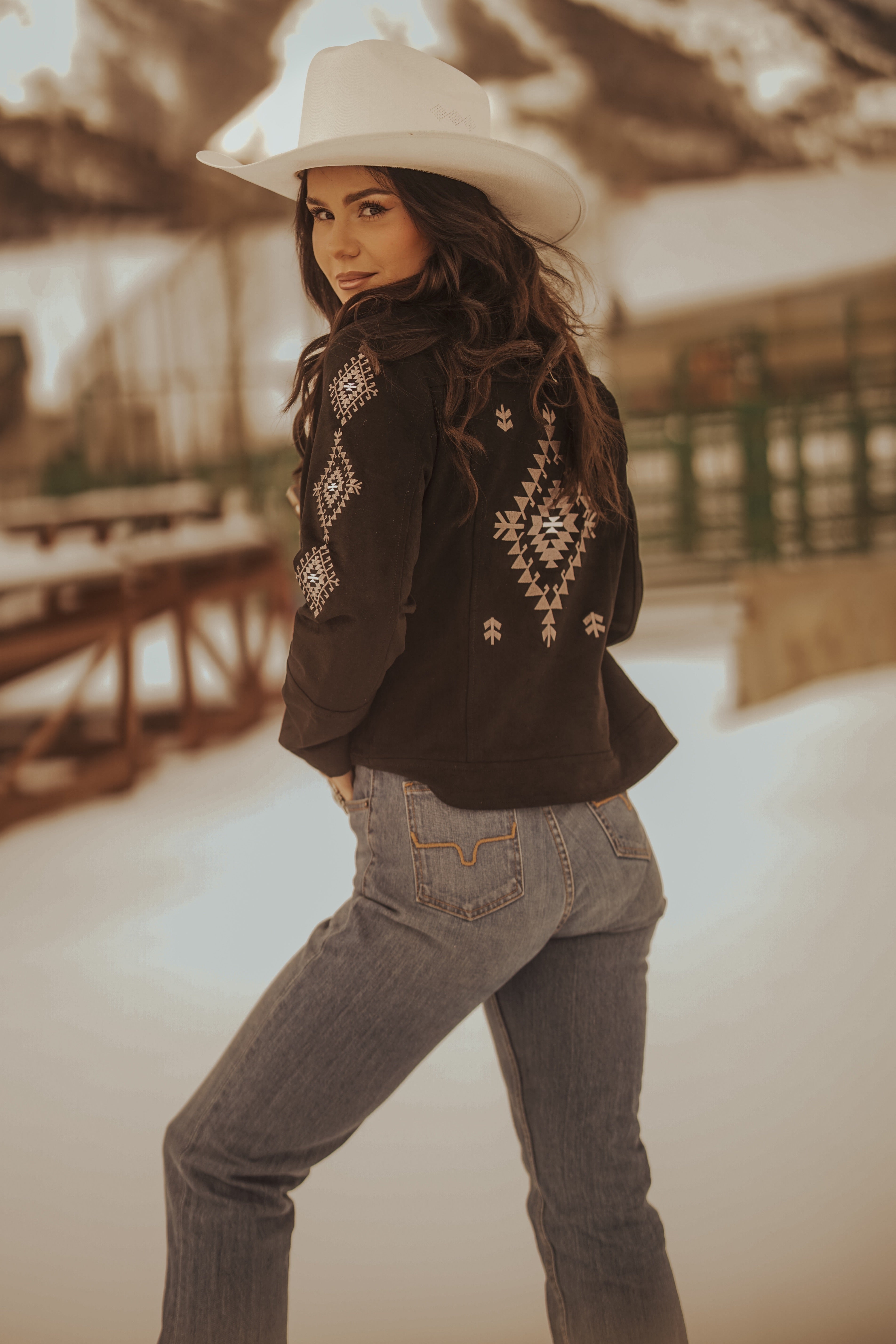 Ladies Faux Suede Jacket with Aztec Embroidery On The Back and Sleeves