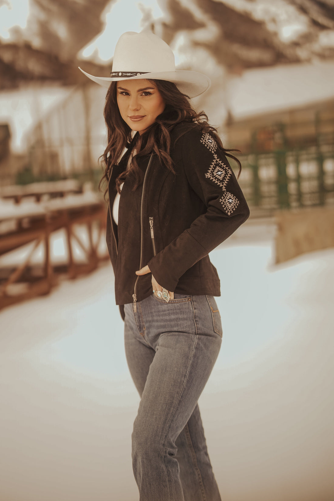 Ladies Faux Suede Jacket with Aztec Embroidery On The Back and Sleeves