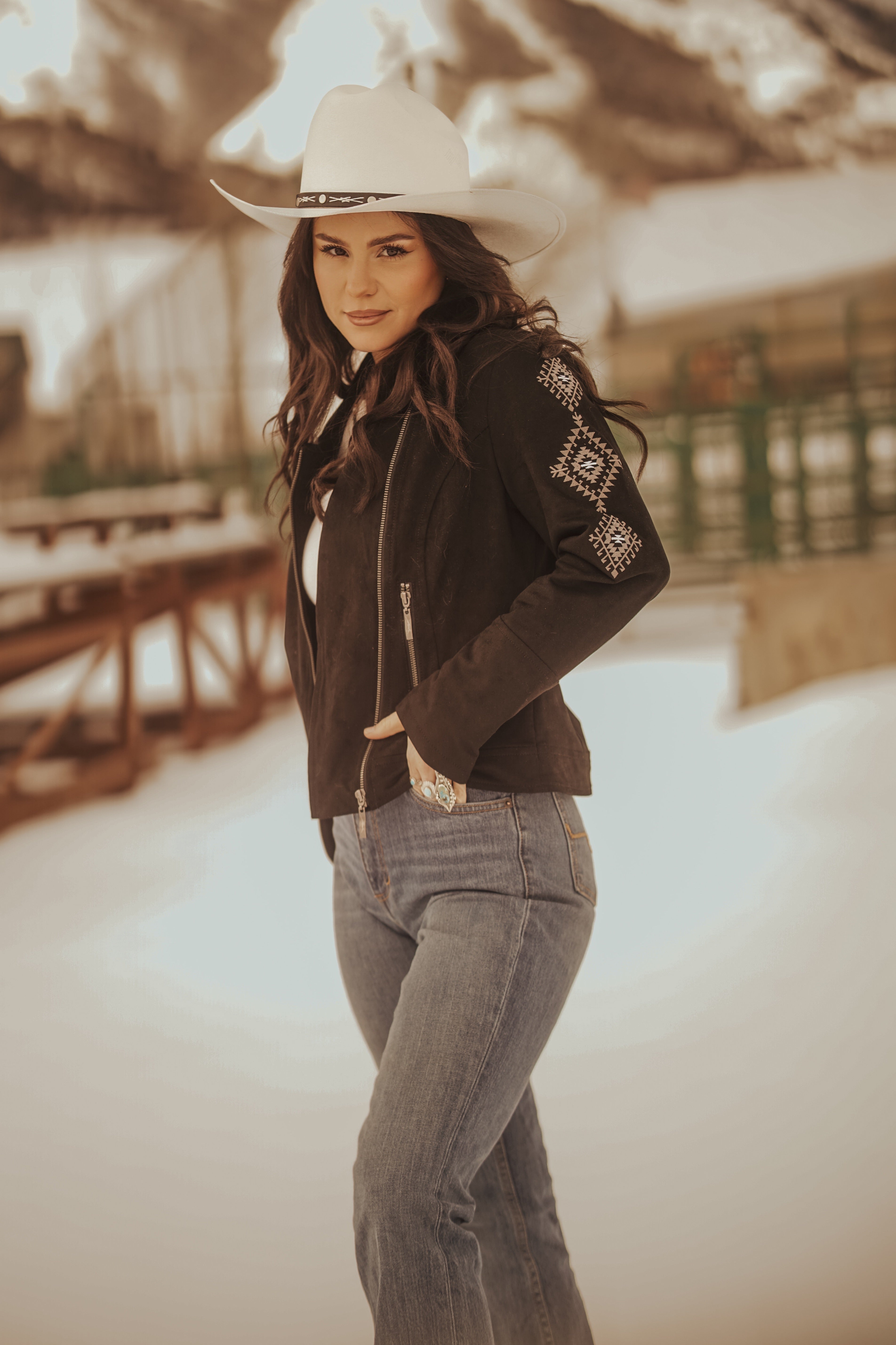 Ladies Faux Suede Jacket with Aztec Embroidery On The Back and Sleeves
