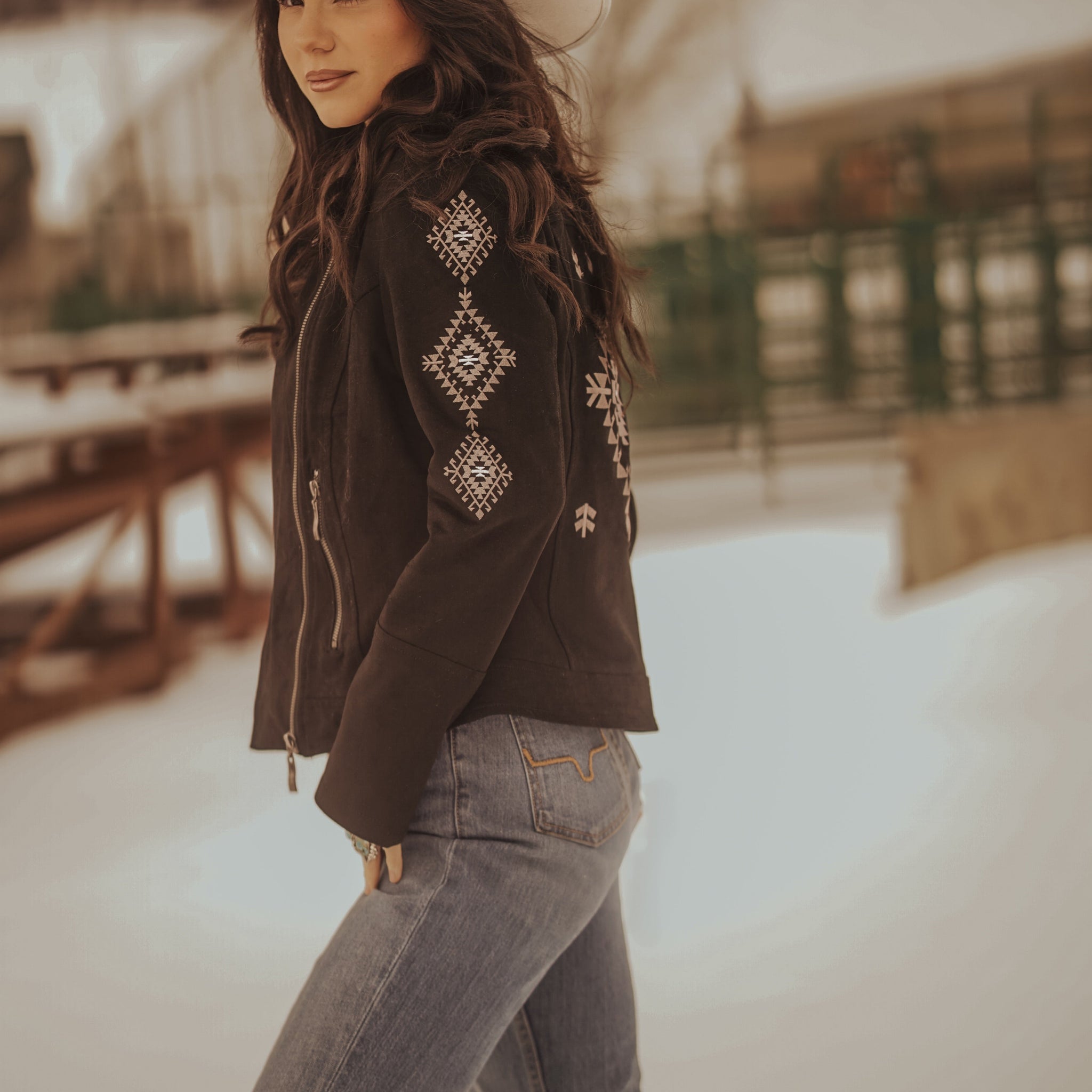 Ladies Faux Suede Jacket with Aztec Embroidery On The Back and Sleeves