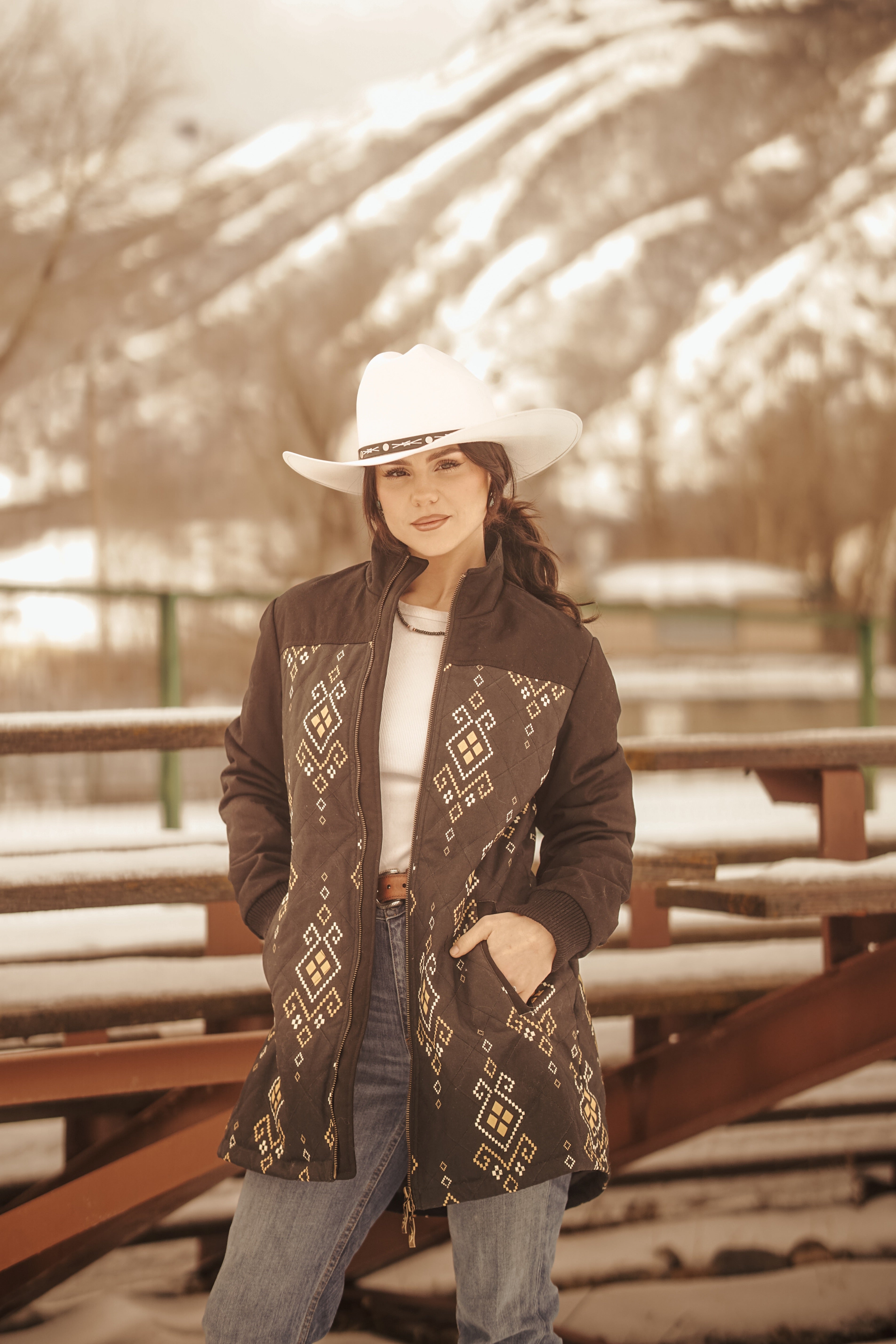 Long Ladies Canvas Jacket/Coat with Aztec/Solid Color Combination