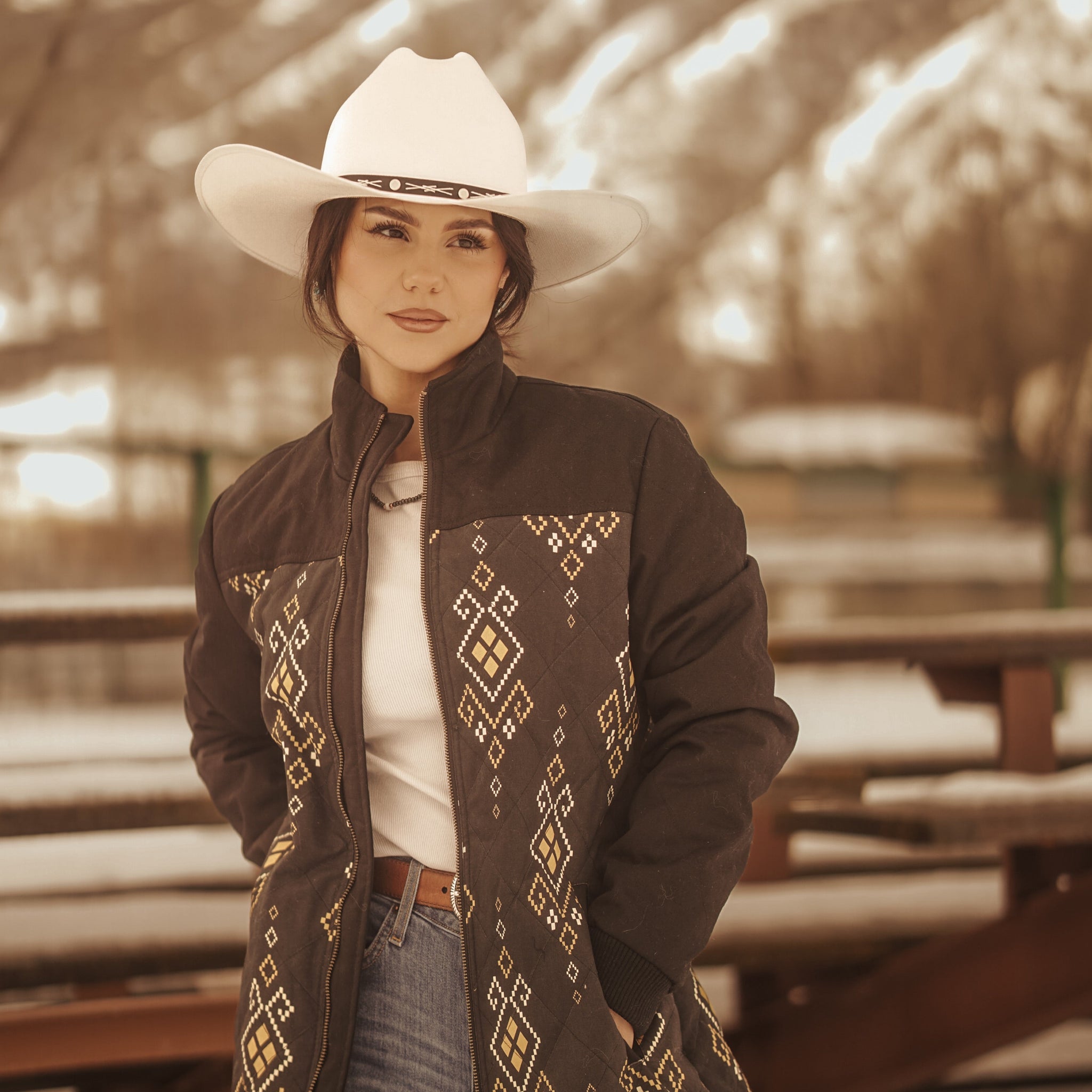 Long Ladies Canvas Jacket/Coat with Aztec/Solid Color Combination