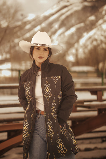 Long Ladies Canvas Jacket/Coat with Aztec/Solid Color Combination