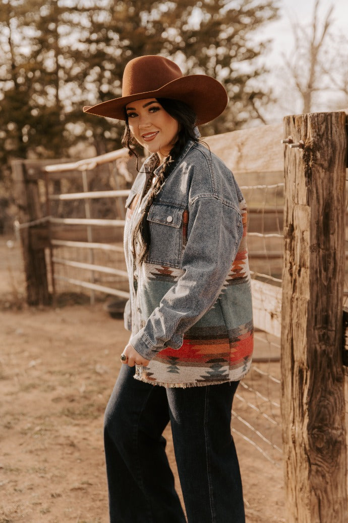 Ladies Denim with Aztec Fashion Long Jacket.L-25915