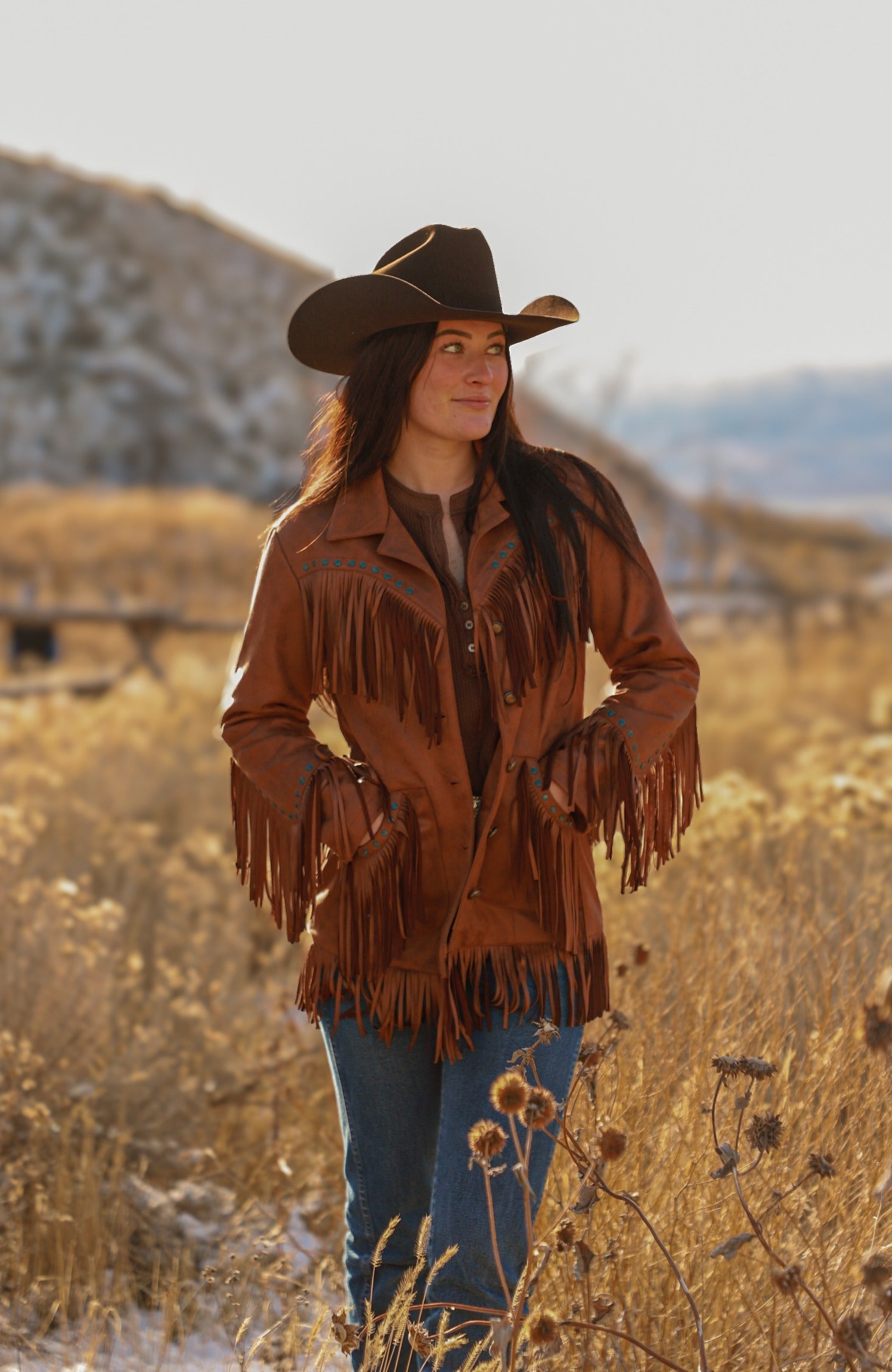 Ladies Faux Suede Jacket with Fring/Studs Work. L-25307