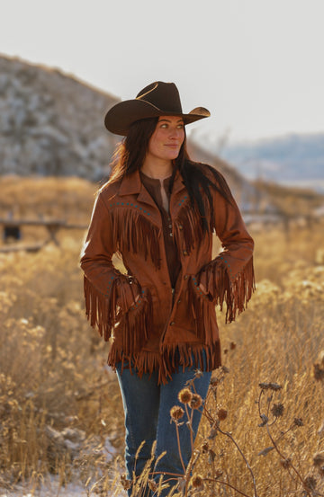 Ladies Faux Suede Jacket with Fring/Studs Work. L-25307