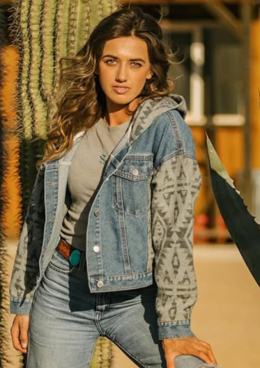 【3】 echeveria Aged Denim Jacket Aztec Denim Jacket Womens Hooded Western Style Trend