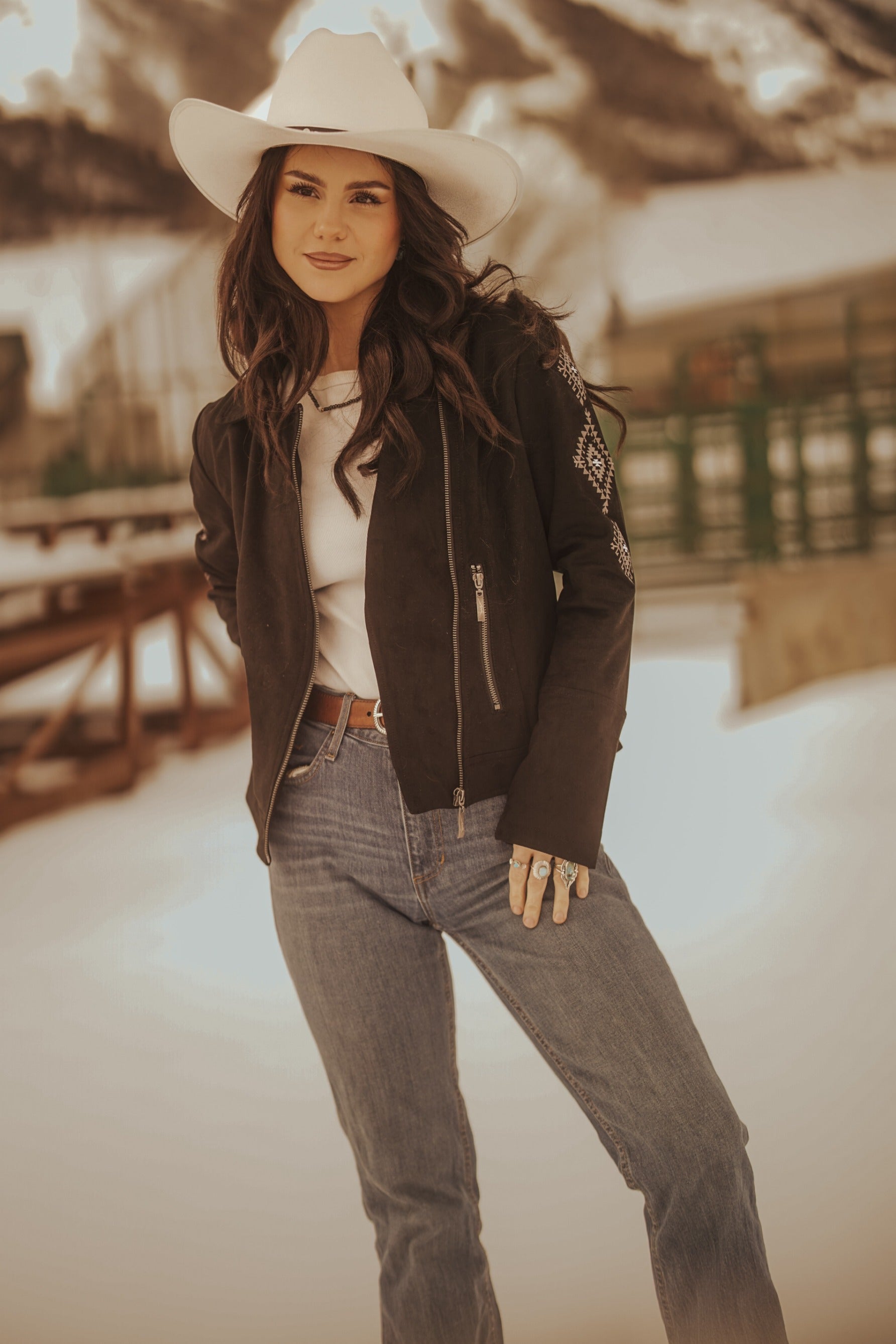 Ladies Faux Suede Jacket with Aztec Embroidery on the Back and Sleeves.L-25309